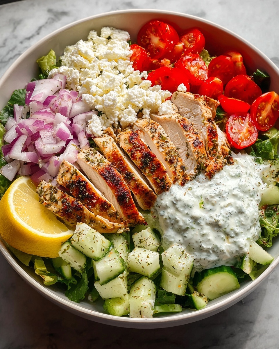 Large white bowl filled with a vibrant Greek chicken salad, featuring sliced seasoned grilled chicken arranged alongside generous portions of diced crisp cucumbers, chopped red onions, and juicy halved grape tomatoes, all resting on a bed of fresh leafy greens. The salad is topped with creamy crumbled feta cheese and a dollop of tangy tzatziki sauce, accented by a bright lemon wedge on the side. The entire bowl is showcased from a 3/4 angle on a pristine white marble countertop, bathed in natural light, styled as a professional food magazine hero shot, photo taken with an iphone --ar 4:5 --v 7