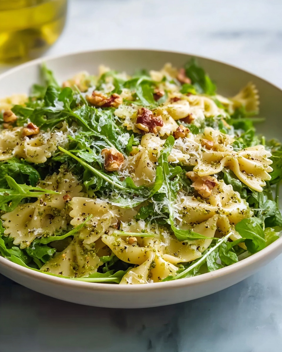 Large white serving bowl brimming with a fresh, vibrant farfalle pasta salad tossed generously with bright green arugula leaves, crunchy walnut pieces, and finely grated Parmesan cheese, a few whole lemon and walnuts placed around the bowl for garnish, shot from a professional 3/4 angle with natural lighting highlighting the freshness, set on a pristine white marble surface, styled like a hero food magazine shot, photo taken with an iphone --ar 4:5 --v 7