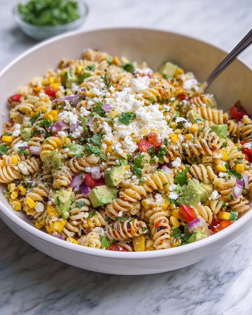 Mexican Street Corn Pasta Salad Recipe 6 Large white serving bowl filled with a vibrant rotini pasta salad featuring roasted corn kernels, diced avocado, chopped red onions, diced red and orange bell peppers, and fresh parsley, all tossed together and generously sprinkled with crumbled cotija cheese, accompanied by small glass bowls of lime wedges and seasoning on a white marble countertop, photographed from a top 3/4 angle with natural lighting, styled like a professional food magazine hero shot photo taken with an iphone --ar 4:5 --v 7