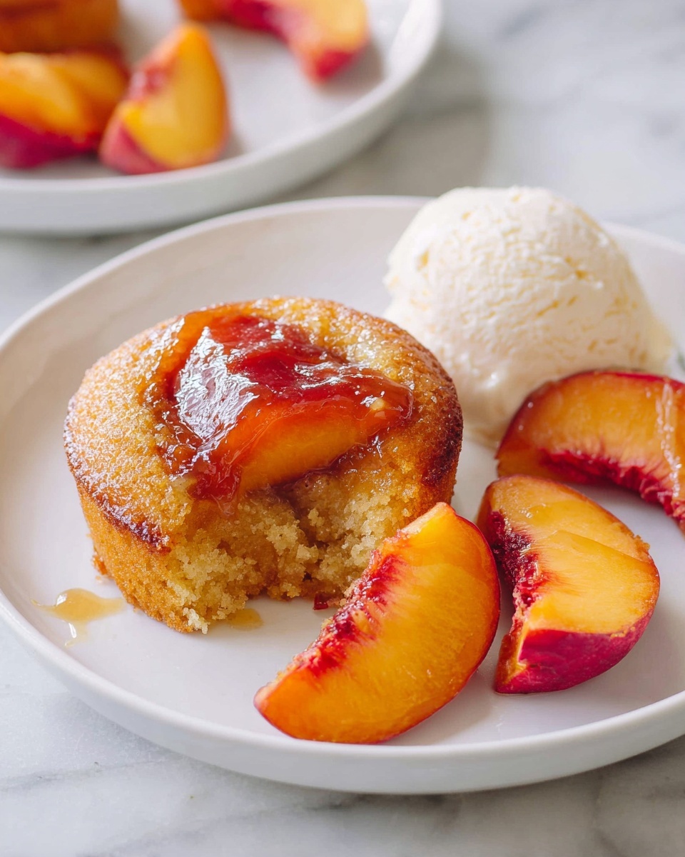Peach Upside Down Mini Cakes Recipe 6 Twelve golden brown mini upside-down cakes arranged neatly on a large white rectangular baking tray, each topped with vibrant caramelized peach slices glistening with syrup, displayed on a black cooling rack over a white marble surface, captured in natural light from a 3/4 angle, styled professionally like a food magazine hero shot, photo taken with an iphone --ar 4:5 --v 7