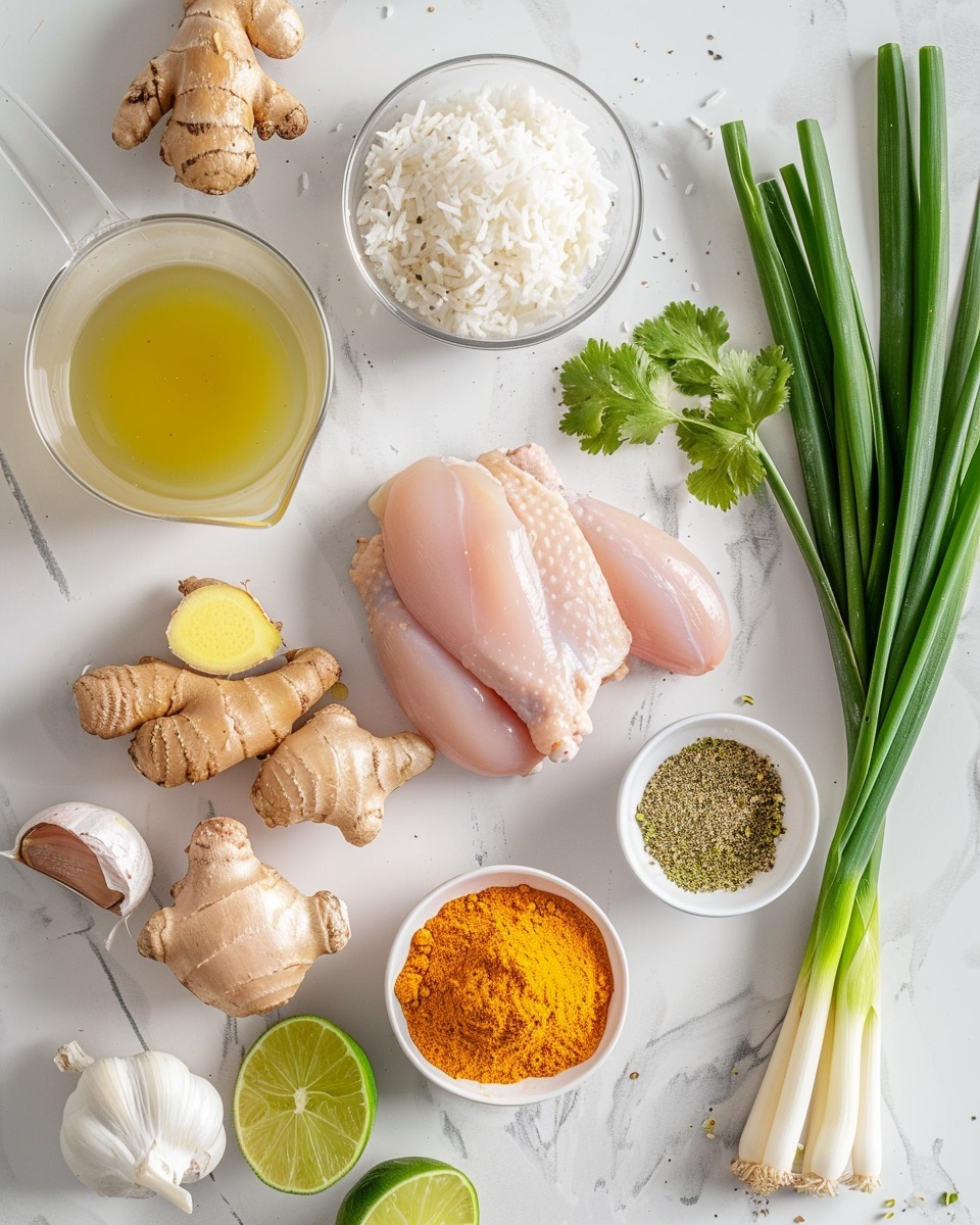 Single white bowl with a close-up view of a single serving of creamy chicken coconut soup featuring tender sliced chicken, fluffy white rice, and fresh cilantro leaves, garnished with two vibrant lime wedges and a dollop of rich chili oil on top, the coconut broth showing a smooth, slightly spicy texture, shot from an angled perspective to highlight the layers and ingredients, placed on a white marble surface, natural lighting, styled like a food blog intimate serving photo taken with an iphone --ar 4:5 --v 7