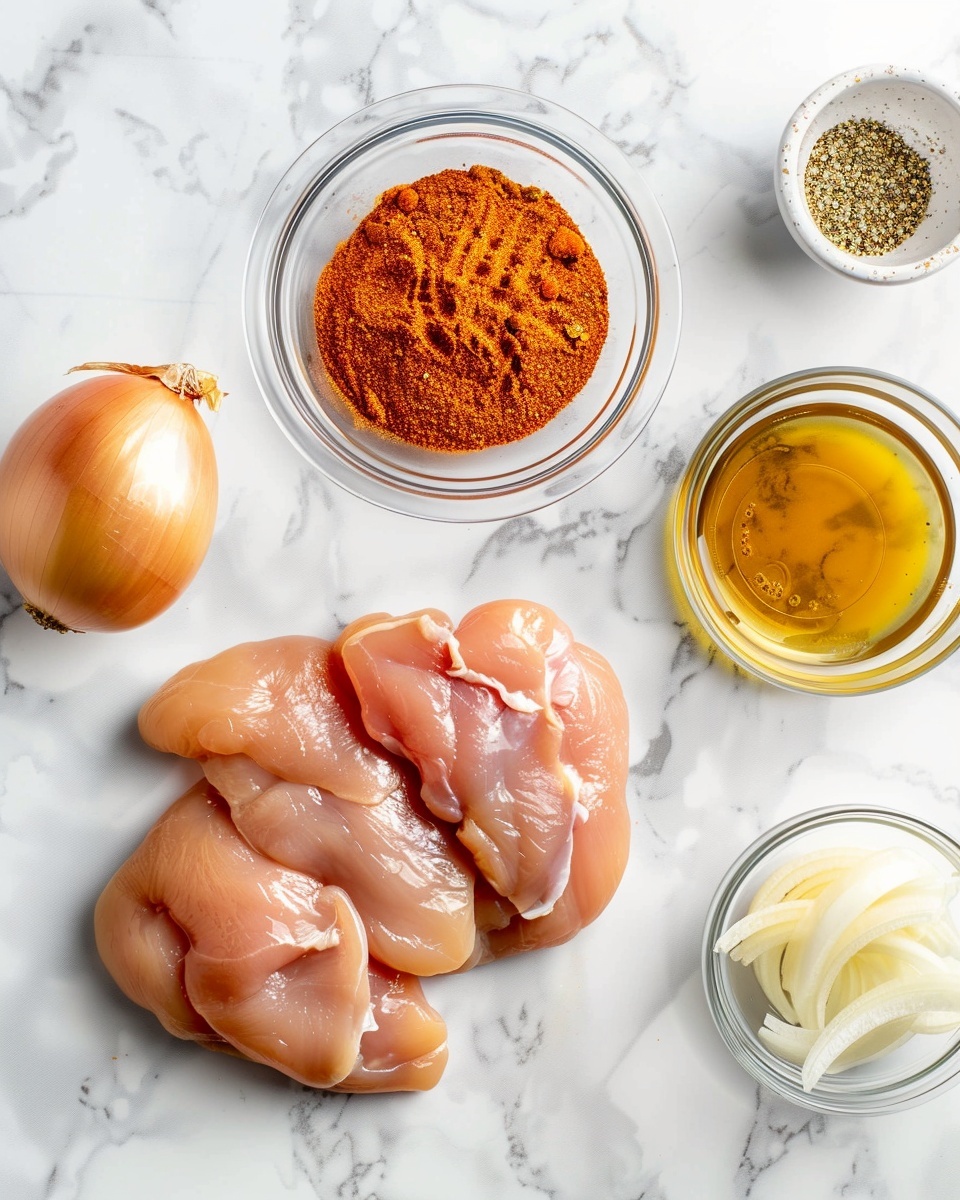 Single white plate featuring a plated serving of a grilled seasoned chicken fillet topped with caramelized golden onion rings, accompanied by a neat mound of fluffy white rice and a portion of glossy black beans, garnished with two vibrant lime wedges on the side, close-up angled shot emphasizing the charred texture on the chicken and the glistening, tender onion layers, all presented on a white marble surface with natural lighting, styled as an intimate food blog serving, photo taken with an iphone --ar 4:5 --v 7