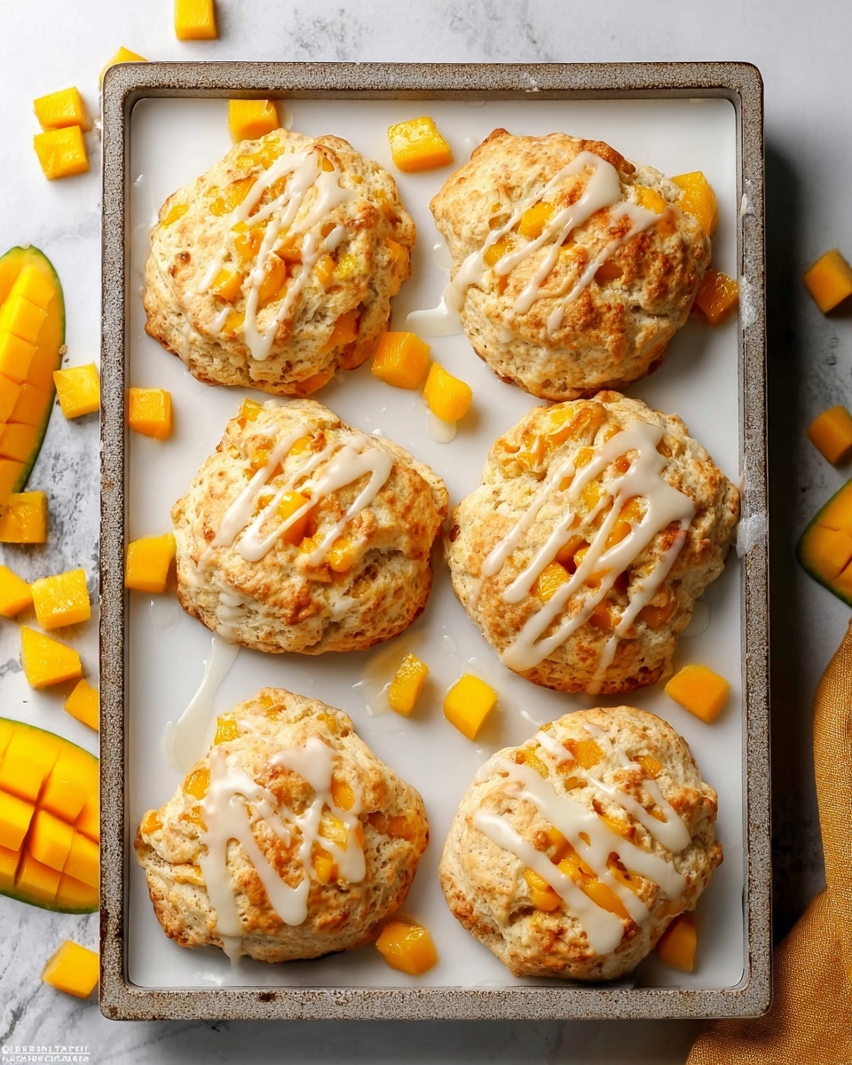 Mango Cookies with Creamy Mango Glaze Recipe 6 Large white rectangular baking tray filled with freshly baked mango scones, each golden-brown scone generously studded with bright orange mango chunks and drizzled with a glossy vanilla glaze, arranged neatly to showcase six whole scones with scattered mango pieces around the tray, photographed from a 3/4 angle on a white marble background in natural lighting, styled as a professional food magazine hero shot, photo taken with an iphone --ar 4:5 --v 7