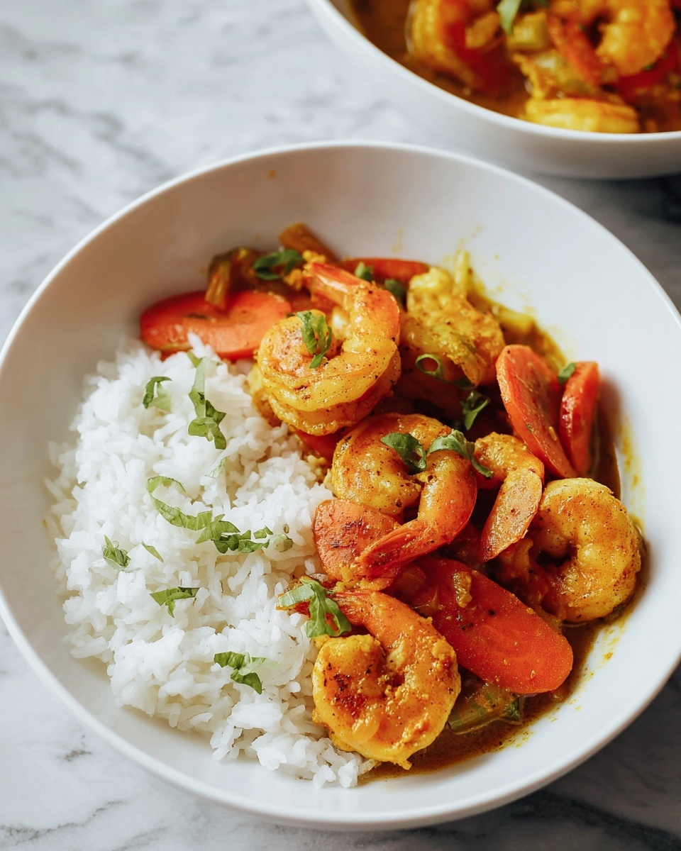 Large stainless steel skillet filled with a creamy golden curry featuring whole shrimp, vibrant slices of red and green bell peppers, and rings of tender onion, the rich sauce seasoned with freshly cracked black pepper and fresh herbs, all arranged in the pan at its fullest, photographed from a 3/4 angle on a white marble countertop with natural lighting for a professional food magazine hero shot, photo taken with an iphone --ar 4:5 --v 7
