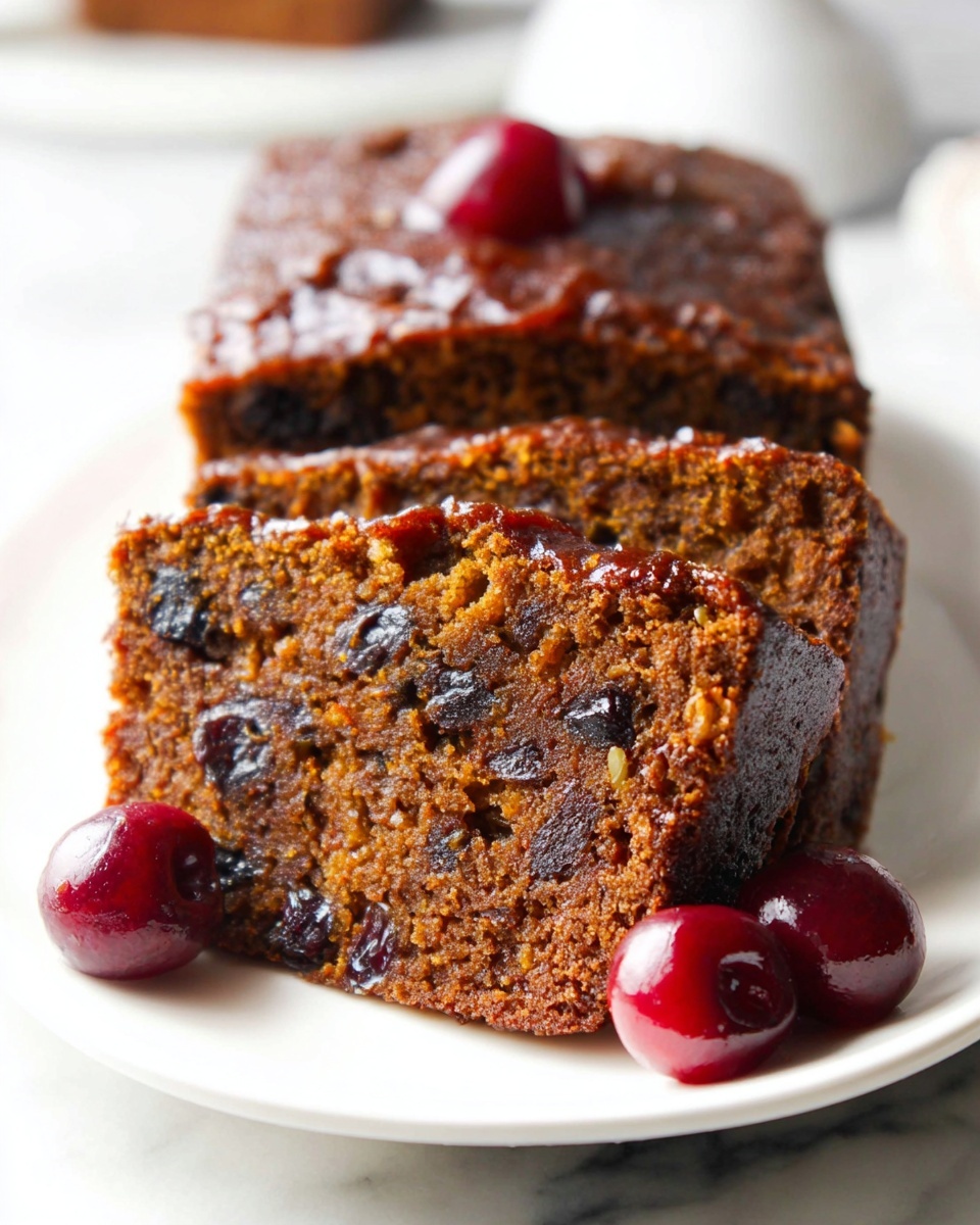 Whole, uncut loaf of moist cherry chocolate cake with a glossy, rich chocolate crust studded with whole cherries, presented on a long white rectangular platter, garnished with three whole cherries at the front, photographed from a professional 3/4 angle on a white marble countertop with natural lighting, styled as a hero shot in a food magazine, photo taken with an iphone --ar 4:5 --v 7