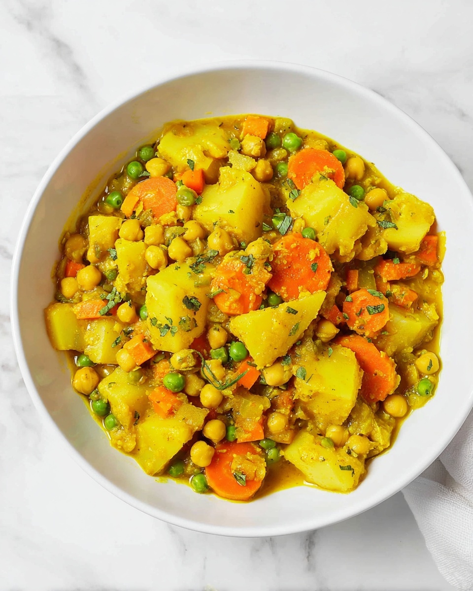 Large white serving bowl filled with a vibrant vegetable and chickpea curry, featuring tender chunks of potato, bright orange carrots, green peas, and plump chickpeas, all coated in a rich golden-yellow spiced sauce, garnished with fresh herbs, whole dish photographed from a 3/4 angle on a white marble countertop, natural lighting, professional food styling photo taken with an iphone --ar 4:5 --v 7