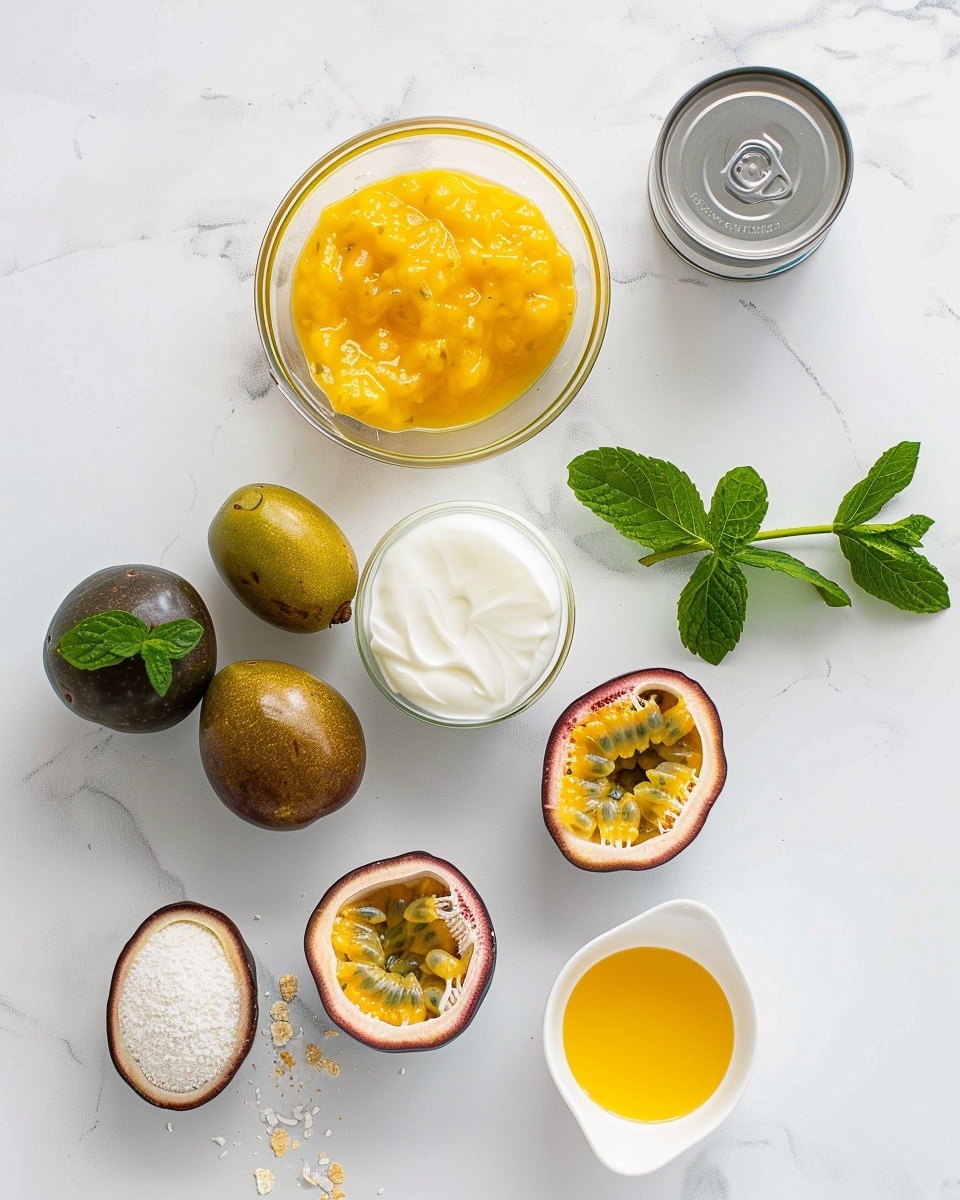 Single white dessert dish holding a creamy passion fruit mousse topped with a vibrant bright yellow passion fruit gelée sprinkled with visible black passion fruit seeds, close-up angled view revealing the smooth and airy texture of the mousse beneath the glossy gelée layer, set on a pristine white marble surface under natural light, styled like a refined food blog serving, photo taken with an iphone --ar 4:5 --v 7