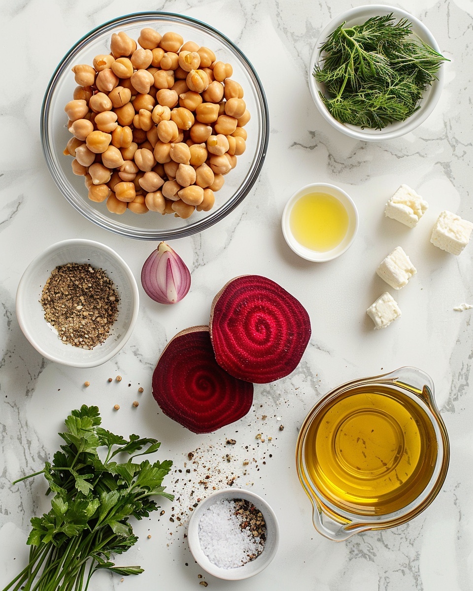 Single white plate showcasing one generous serving of roasted beet and chickpea salad, with vibrant chunks of deep red beetroot and whole golden chickpeas, scattered crumbles of creamy white feta cheese, thin slices of pickled red onion, and sprinkled fresh green parsley leaves, all lightly dusted with dried herbs and cracked black pepper, close-up angled shot revealing the natural textures and colors of each ingredient, arranged artfully on a clean white marble surface, natural lighting capturing the freshness and earthiness, styled like a food blog individual portion photo taken with an iphone --ar 4:5 --v 7