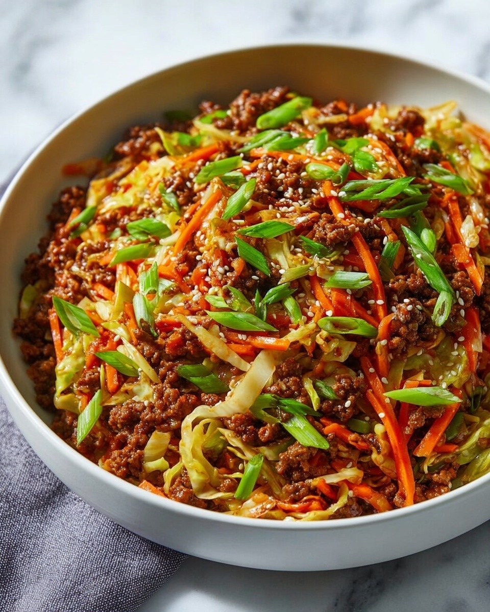 Large white serving bowl filled to the brim with savory ground beef stir-fried with vibrant shredded cabbage, julienned carrots, and chopped green onions, all coated in a glossy, flavorful sauce with sesame seeds sprinkled on top, capturing a hearty and colorful Asian-inspired dish, presented on a white marble countertop with natural lighting, professional 3/4 angle food magazine hero shot, photo taken with an iphone --ar 4:5 --v 7