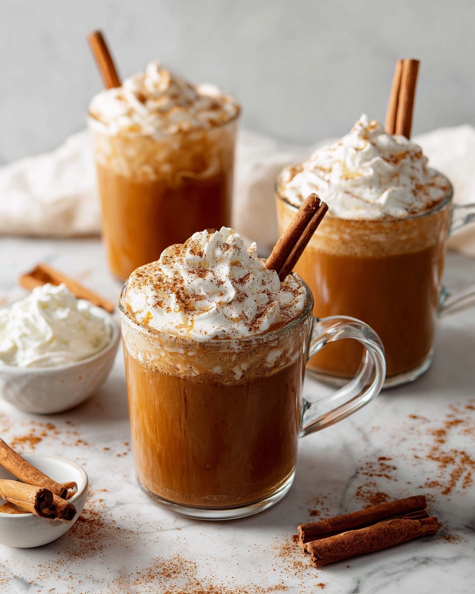 Three clear glass mugs filled with rich, frothy pumpkin spice lattes topped with generous swirls of whipped cream and sprinkled with cinnamon powder, each garnished with a full cinnamon stick, set on a white marble surface with scattered cinnamon dust and small bowls of whipped cream nearby, captured from a 3/4 angle with natural lighting, styled professionally like a hero shot from a food magazine, photo taken with an iphone --ar 4:5 --v 7