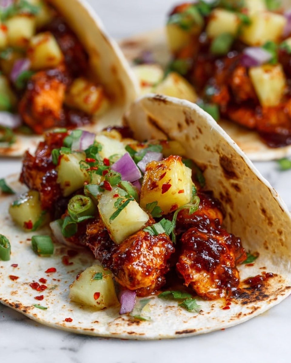 A large white platter filled with a complete arrangement of soft, slightly charred corn tortillas, each generously topped with glistening, smoky chipotle chicken chunks, vibrant diced pineapple salsa, finely chopped red onions, fresh cilantro leaves, and thinly sliced green onions, showcasing a colorful and appetizing display; the dish is styled naturally on a white marble countertop under soft, natural lighting, capturing a professional food magazine hero shot. Photo taken with an iphone --ar 4:5 --v 7