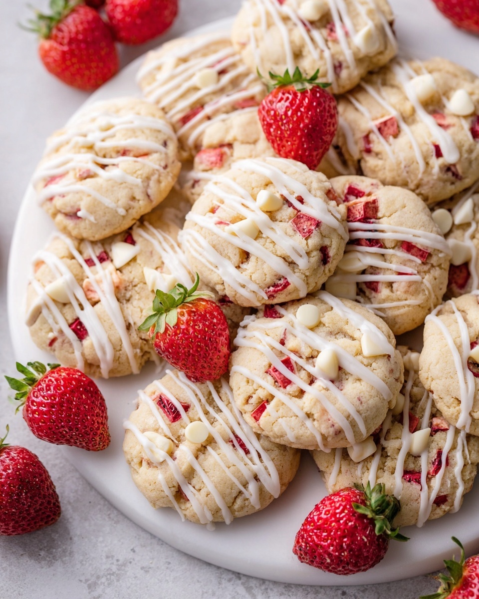 A large white platter filled with an abundance of freshly baked white chocolate strawberry cookies, each cookie generously studded with chunks of vibrant red strawberries and white chocolate chips, all beautifully drizzled with a smooth white icing glaze, accompanied by whole fresh strawberries scattered artistsically across the platter for a pop of color and freshness, photographed from a 3/4 angle on a clean white marble countertop under soft natural lighting, styled for a professional food magazine hero shot, photo taken with an iphone --ar 4:5 --v 7