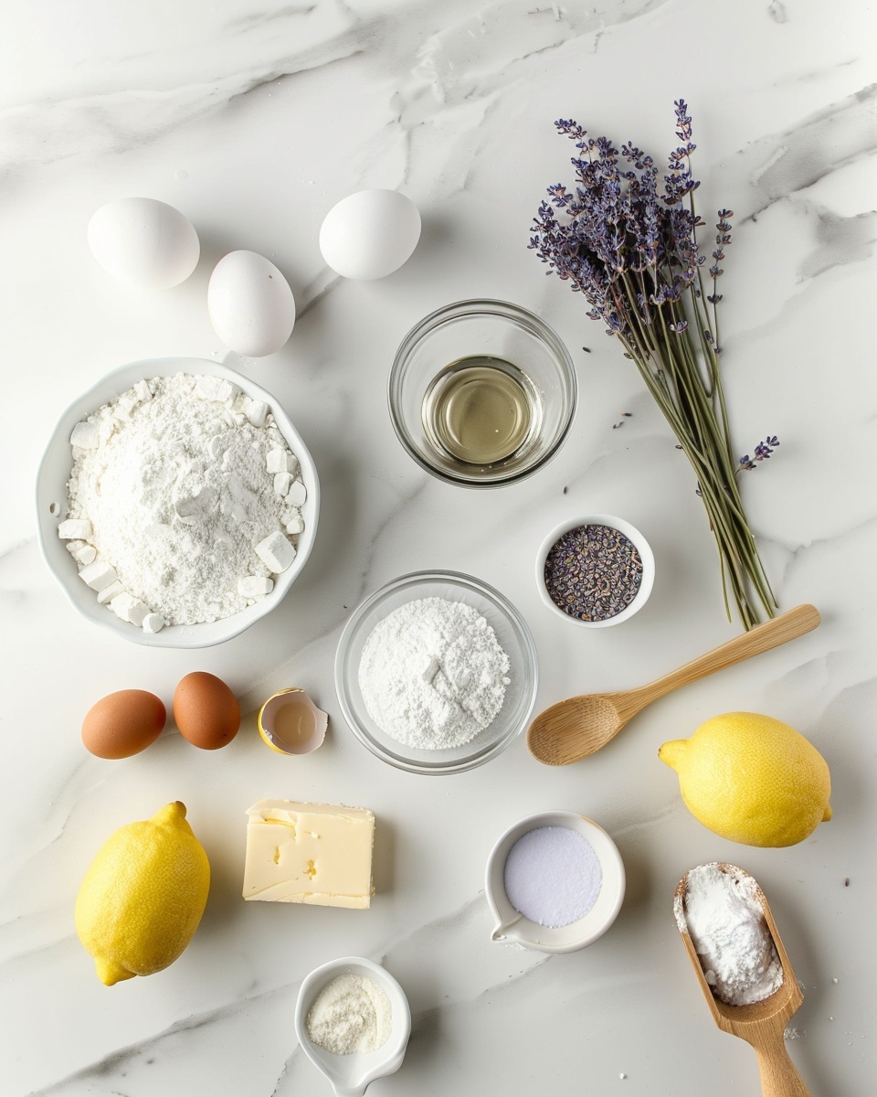 Single slice of layered lemon lavender shortbread cake on a white plate, close-up angle showing pale yellow layers of crisp shortbread sandwiching light purple lavender cream filling, topped with a delicate swirl of lavender cream, a thin lemon wedge, and tiny lavender sprigs, revealing the smooth, dense texture of each layer, all set on a white marble surface with natural lighting, styled like a food blog serving, photo taken with an iphone --ar 4:5 --v 7