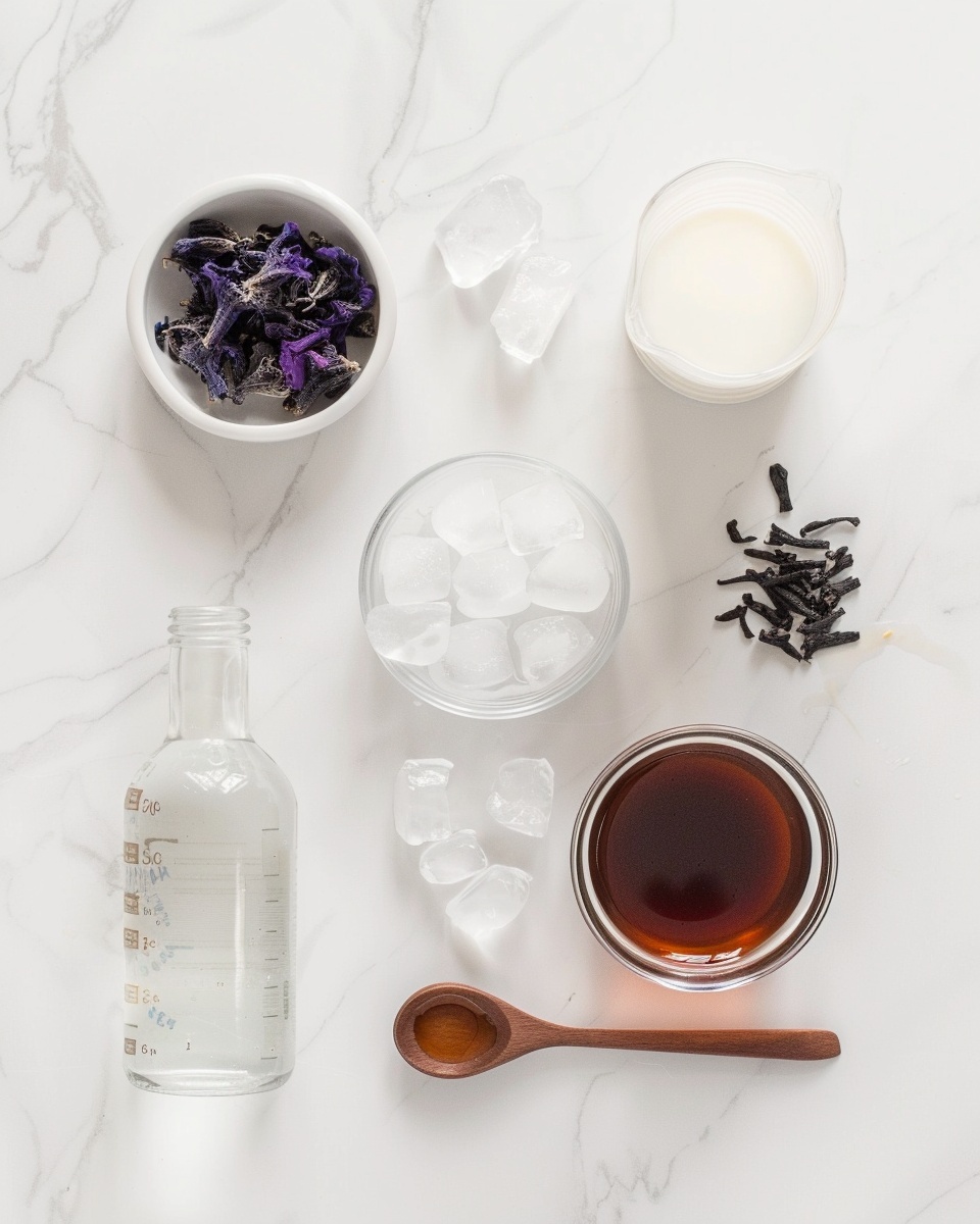 Single white tumbler glass filled with a vibrant blue butterfly pea tea iced drink, close-up angled view capturing the pouring of creamy milk gently swirling to create a beautiful marbled gradient from deep blue to creamy white, ice cubes visible adding texture and coolness, set on a white marble surface, intimate plated serving photo taken with an iphone --ar 4:5 --v 7
