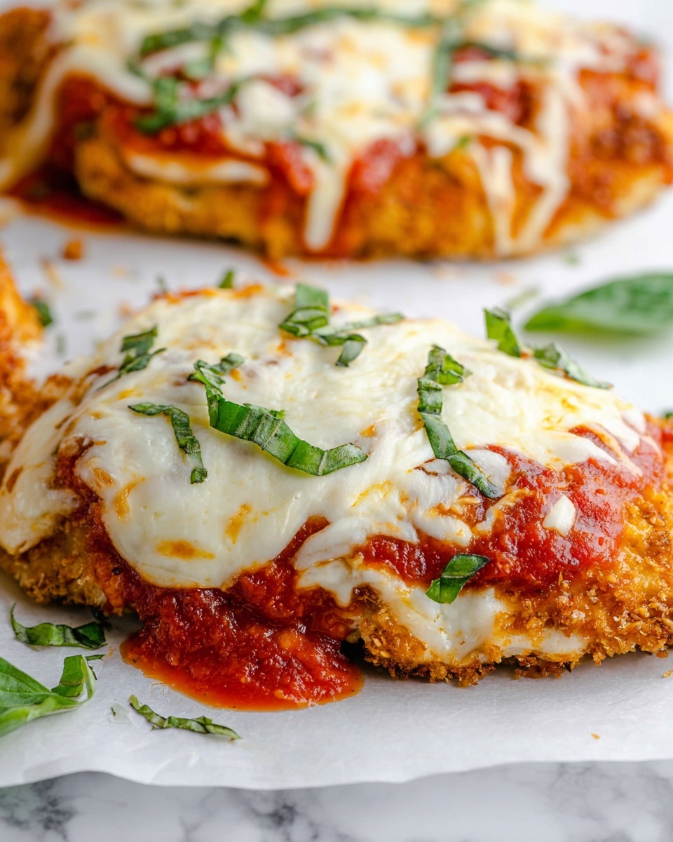 Large white rectangular baking dish filled with crispy golden breaded chicken cutlets layered with vibrant red marinara sauce and topped generously with melted mozzarella cheese, sprinkled with fresh chopped basil leaves, showing the entire batch neatly arranged, shot at a 3/4 angle on a white marble surface with natural lighting, styled as a professional food magazine hero shot, photo taken with an iphone --ar 4:5 --v 7