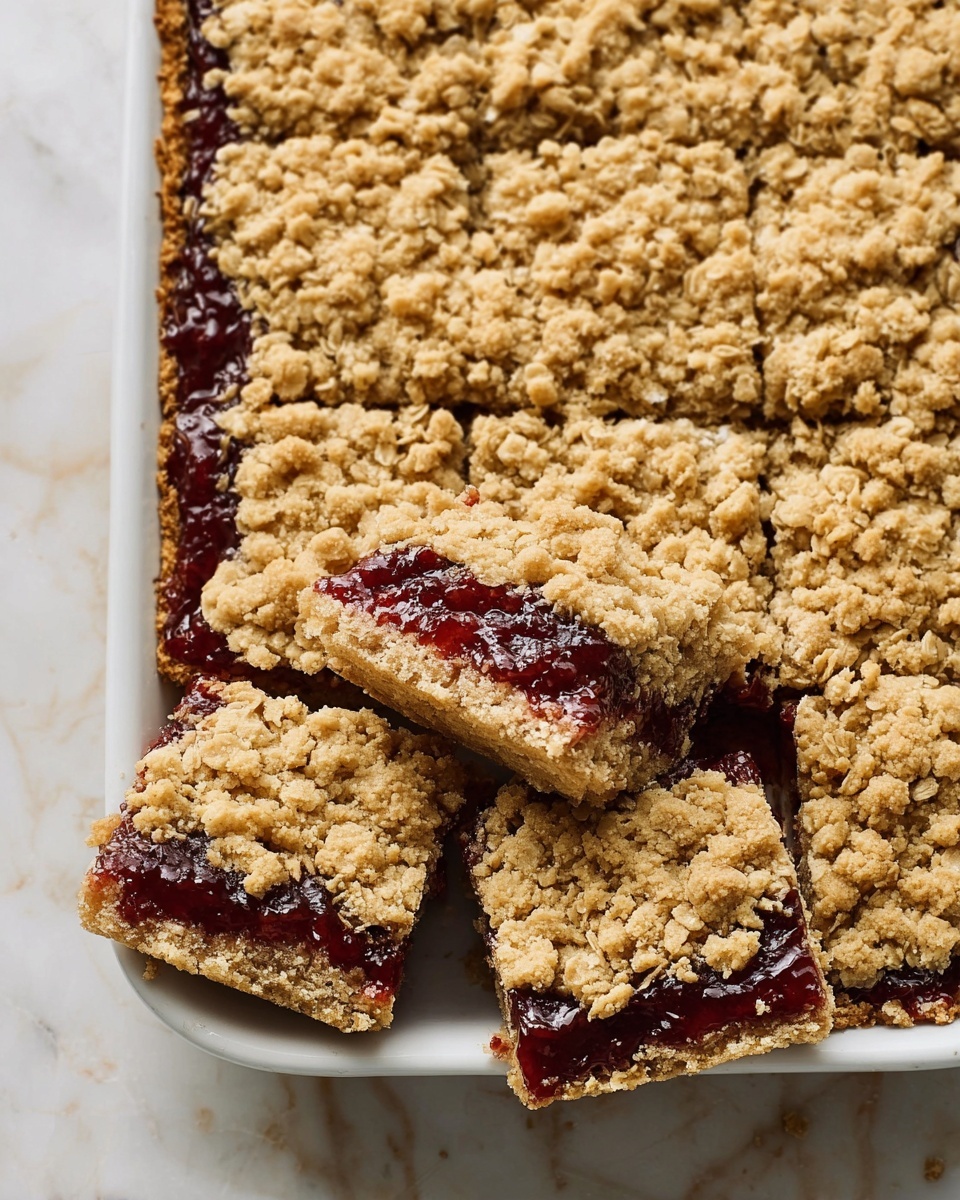 A large white rectangular baking dish filled with a whole batch of freshly baked oatmeal jam bars, showcasing a thick, golden-brown oat crumb topping and bottom crust with a rich, glossy layer of dark red jam filling evenly spread in the middle, the entire uncut dessert perfectly framed and styled on a white marble countertop with natural lighting, professional food magazine hero shot photo taken with an iphone --ar 4:5 --v 7