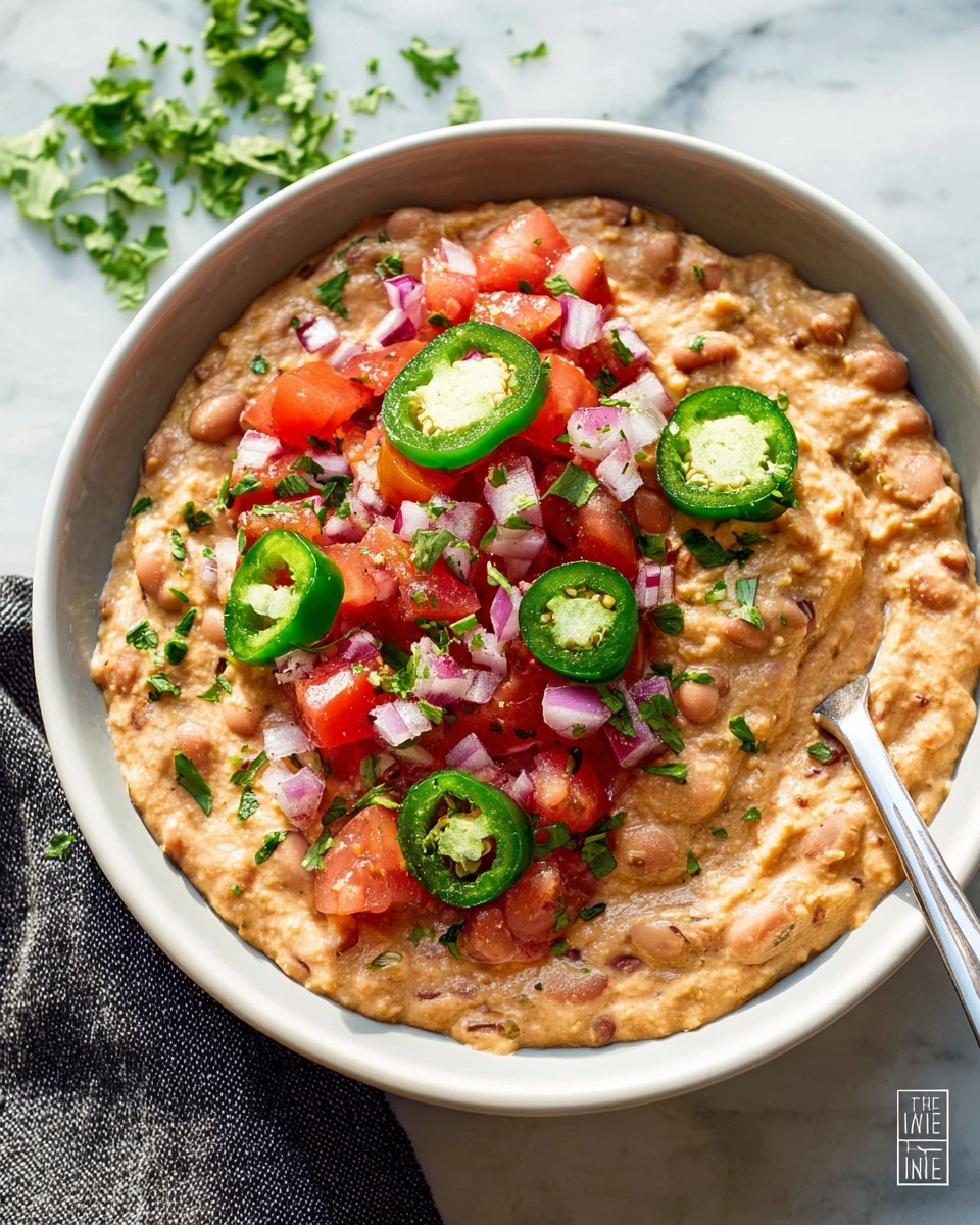 Large white serving bowl filled with a generous portion of creamy pinto beans simmered with spices, topped with freshly chopped tomato salsa including red onion and jalapeño slices, served with a side of fluffy steamed white rice, surrounded by plenty of crispy tortilla chips, all arranged on a white marble surface with natural light highlighting the vibrant colors, professional food styling, whole dish photographed from above, photo taken with an iphone --ar 4:5 --v 7