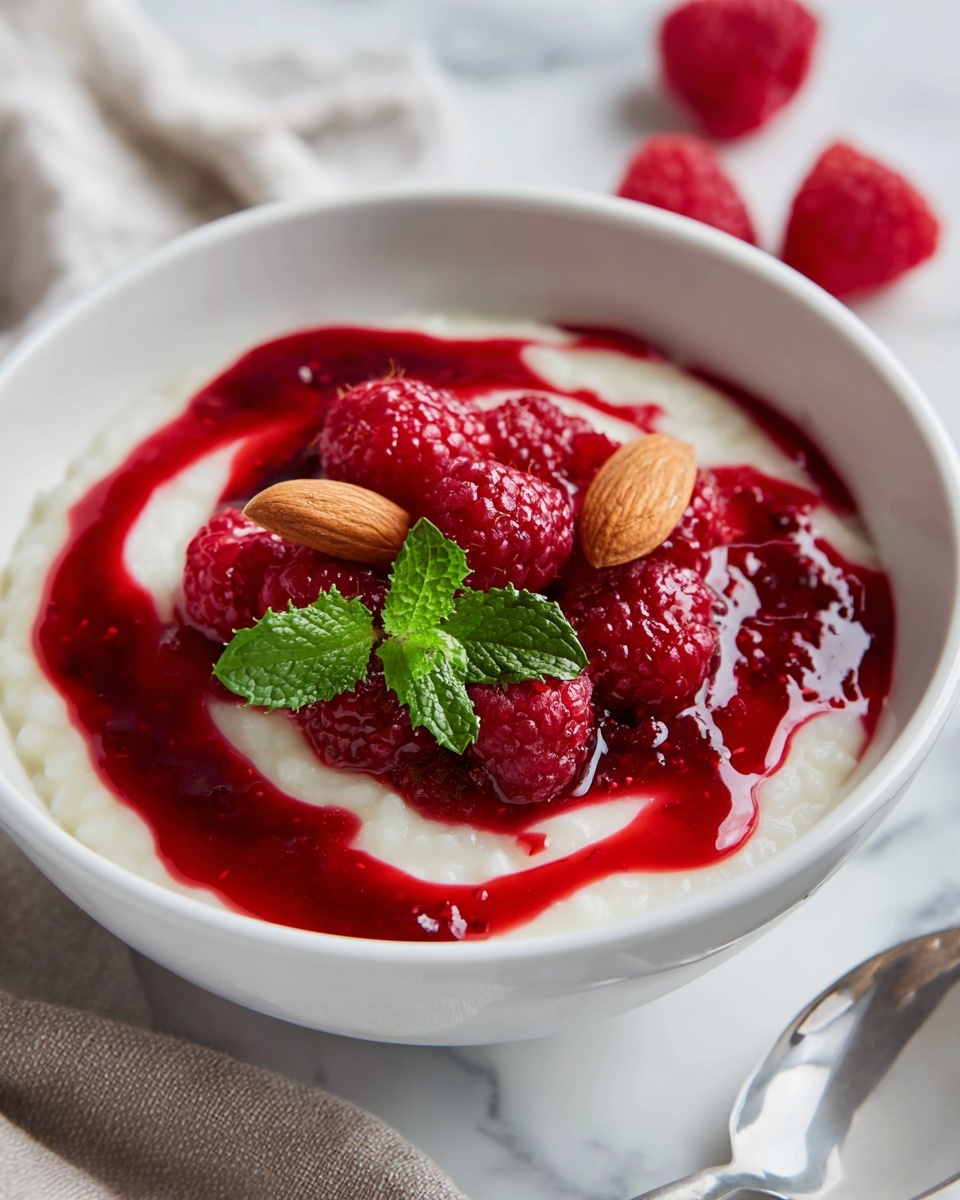 Two large white bowls filled with creamy rice pudding topped with vibrant raspberry sauce, fresh whole raspberries, whole almonds, and bright green mint leaves, accompanied by a white bowl filled with extra raspberry sauce, all arranged on a white marble countertop with red and white festive linen napkins, captured in natural light with a professional 3/4 angle overhead shot, showcasing the entire dish in an elegant food magazine style photo taken with an iphone --ar 4:5 --v 7