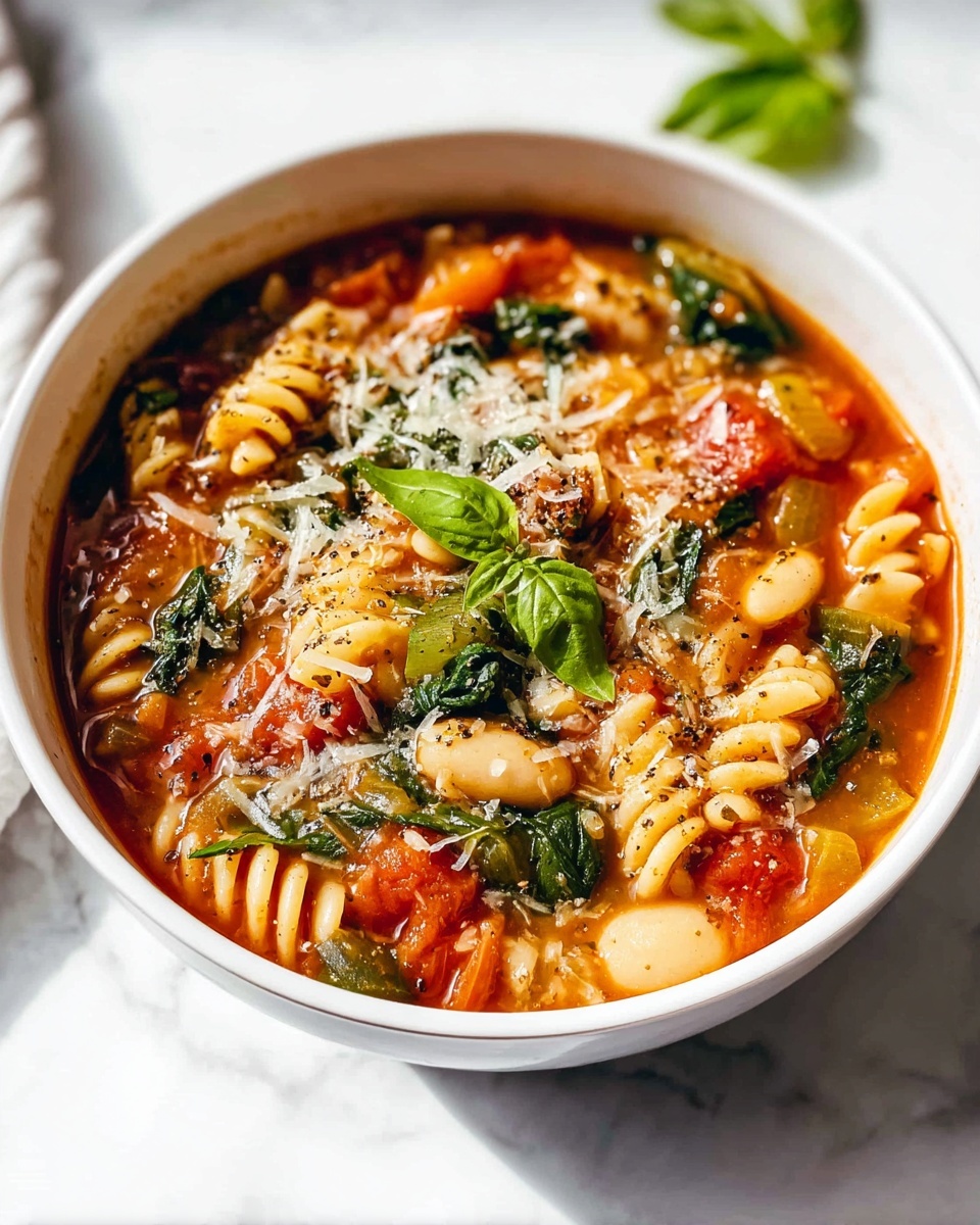 Large black slow cooker filled with a hearty pasta and bean stew, featuring rotini and shell pasta swimming in a rich tomato-based sauce with chunks of tomatoes, white beans, wilted fresh spinach, and herbs, the full slow cooker shown from above on a white marble countertop with natural lighting, styled professionally for a food magazine hero shot, photo taken with an iphone --ar 4:5 --v 7