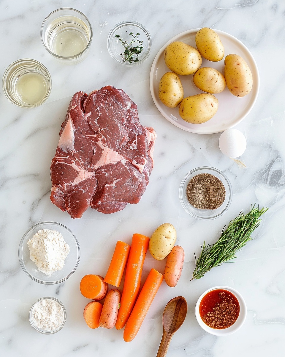 Single white plate featuring one generous portion of pot roast with a rich brown gravy glistening on top, tender chunks revealing the moist and shredded interior texture, accompanied by whole roasted baby potatoes and vibrant, glazed carrots sprinkled with fresh chopped parsley, angled close-up view showcasing depth and layers of the dish, set against a white marble background with natural lighting, styled as a cozy food blog serving, photo taken with an iphone --ar 4:5 --v 7