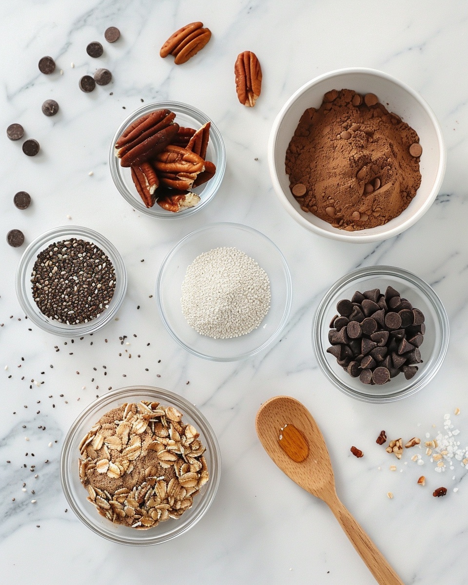 Single white plate featuring a neatly shaped cluster of chocolate granola, showcasing its dense texture with visible oats, chia seeds, pecans, and melty dark chocolate chips resting on top, close-up angled shot emphasizing the crunchy, layered ingredients and slight sheen from cocoa, set against a white marble surface with natural lighting, styled as an intimate individual serving photo taken with an iphone --ar 4:5 --v 7
