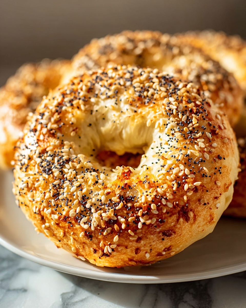 Large white plate filled with a full batch of golden-brown, freshly baked bagels, generously sprinkled with a mix of poppy seeds and sesame seeds, each bagel showcasing a shiny, crisp crust and light, airy texture. The bagels are arranged closely together to highlight their fluffy interiors and warm, inviting appearance, photographed from a 3/4 angle on a white marble countertop with natural lighting, styled like a hero shot from a food magazine, photo taken with an iphone --ar 4:5 --v 7