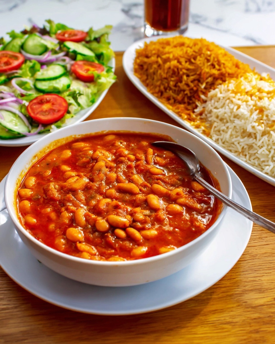 Large white serving bowl filled with rich, vibrant Nigerian beans stew (ewa riro), with creamy cooked beans immersed in a bright red pepper and tomato sauce, accompanied by a white serving platter of fluffy jollof rice mixed with golden toasted bits, and a long white tray piled with fresh, colorful salad including lettuce, sliced cucumbers, ripe tomatoes, and onions, all presented together on a wooden table, shot from a 3/4 angle with natural lighting on a white marble background, professional food magazine hero shot, photo taken with an iphone --ar 4:5 --v 7
