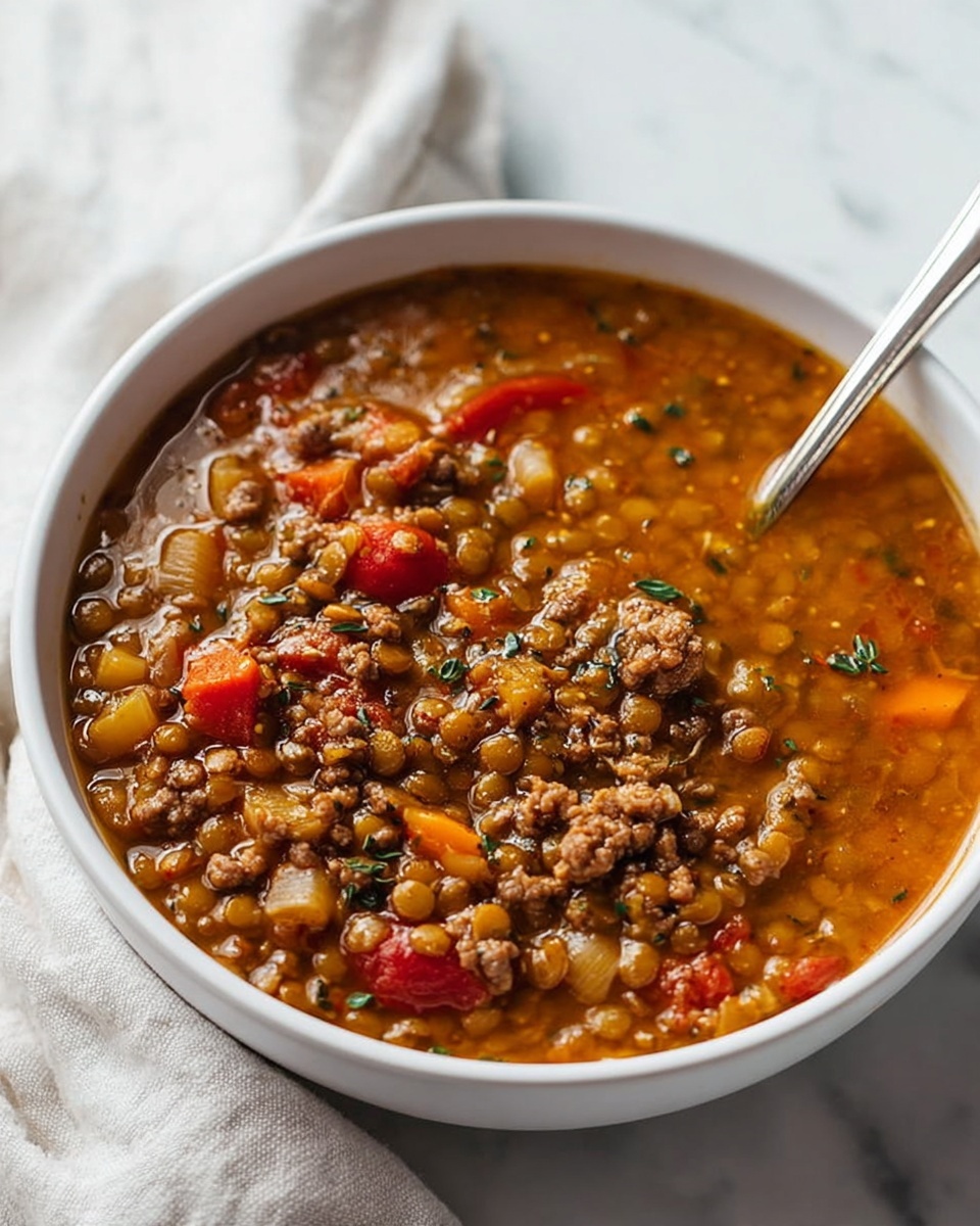 Large white round enameled cast iron pot filled with hearty lentil and ground meat stew, showcasing tender chunks of carrots, celery, tomatoes, and aromatic herbs in a rich, savory broth, a wooden spoon stirring the thick texture, arranged on a white marble countertop with natural lighting, styled as a professional food magazine hero shot, entire pot visible in frame photo taken with an iphone --ar 4:5 --v 7