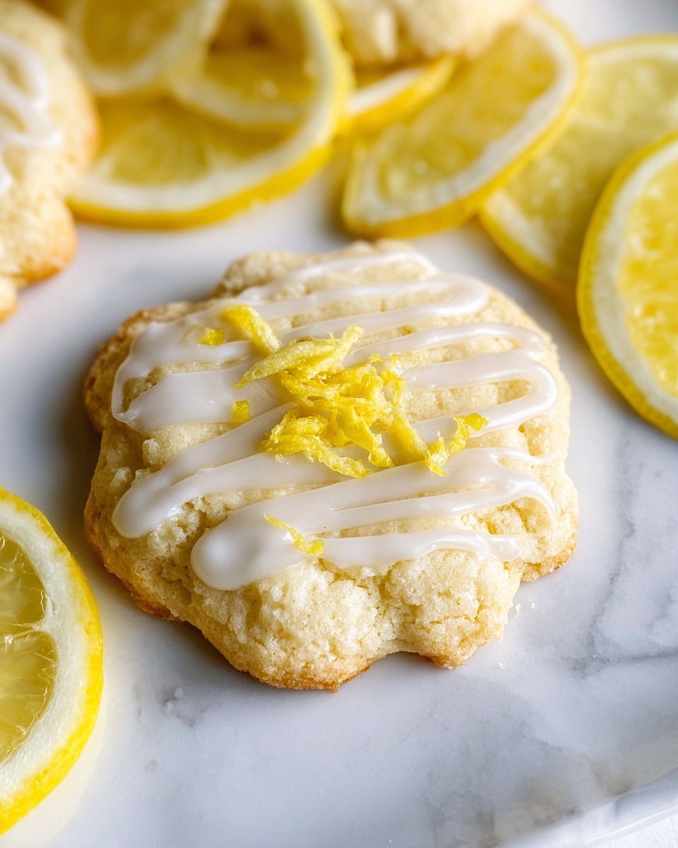 A full batch of scalloped lemon sugar cookies arranged neatly on a white cooling rack atop a white marble countertop, each cookie perfectly baked to a light golden color with delicate white icing drizzled evenly across the top and garnished with bright lemon zest, whole dish captured from a professional 3/4 angle shot in natural lighting, styled like a hero food magazine photo, photo taken with an iphone --ar 4:5 --v 7