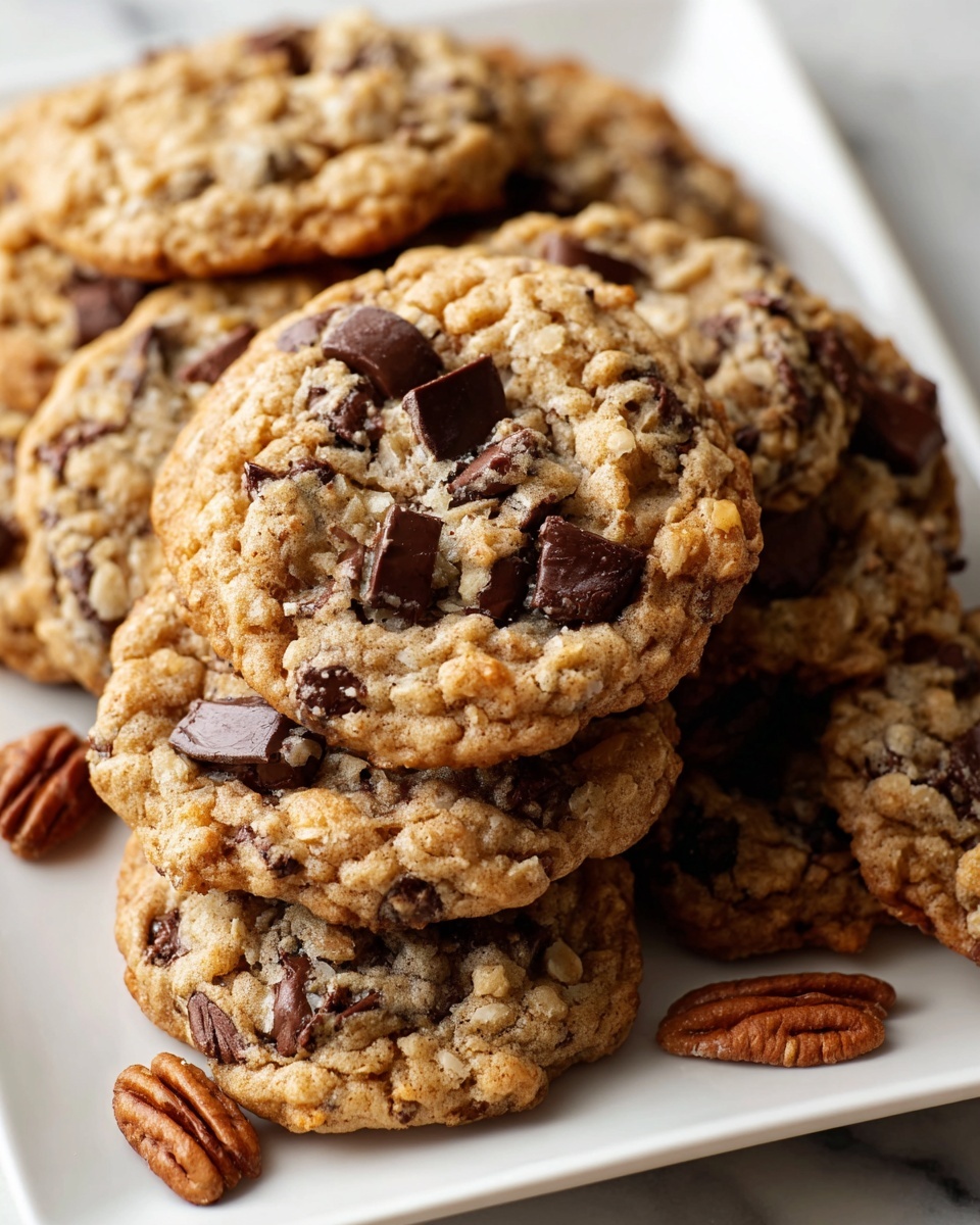 White rectangular plate filled with a full batch of thick, golden-brown oatmeal chocolate chip cookies stacked neatly and spread out together, visible chunks of melted chocolate and oatmeal texture throughout, a few whole pecans scattered around the plate for garnish, shot from a professional 3/4 angle on a white marble background with natural lighting, styled like a hero food magazine photo taken with an iphone --ar 4:5 --v 7