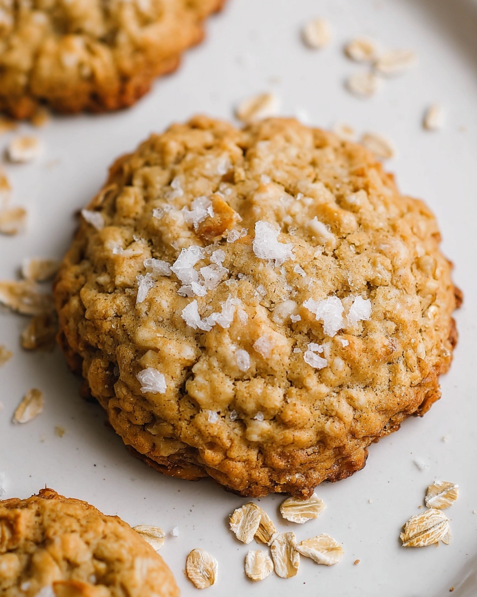 Large white baking tray filled with a full batch of freshly baked oatmeal cookies, each golden brown with visible oats and sprinkled delicately with flakes of sea salt, the cookies arranged closely together showcasing their soft texture and rustic homemade appearance, photographed from above on a white marble countertop, natural lighting emphasizing the warm tones and oat details, professional food styling photo taken with an iphone --ar 4:5 --v 7