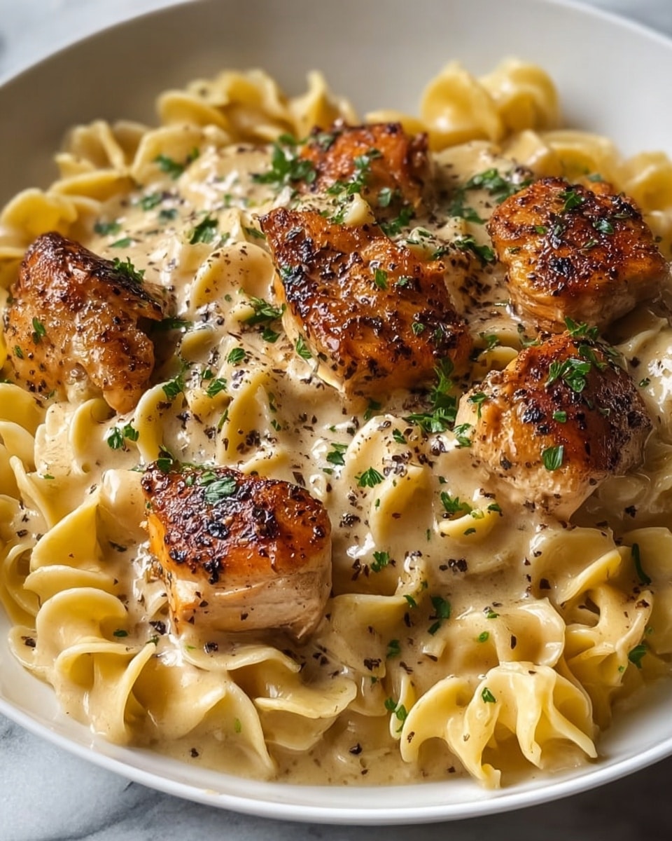 A large white bowl filled with hearty chicken and noodles in a creamy, savory sauce, showcasing tender, perfectly seared golden brown chicken pieces scattered generously over wide egg noodles, garnished with freshly chopped parsley and a sprinkle of black pepper, capturing the dish from a professional 3/4 angle on a white marble surface with natural lighting, styled like a hero shot from a food magazine, photo taken with an iphone --ar 4:5 --v 7