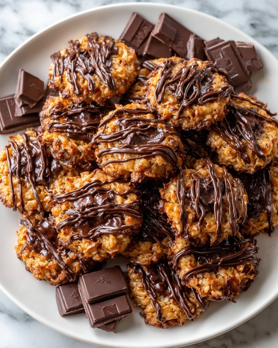 Large white serving platter filled with a complete batch of whole German chocolate cookies, each topped with rich, caramelized coconut and pecan frosting, generously drizzled with dark chocolate, arranged in a perfect overlapping pattern, accompanied by pieces of dark chocolate on the side, all shown from a detailed 3/4 angle shot on a white marble background with natural lighting, professional food magazine style photo taken with an iphone --ar 4:5 --v 7