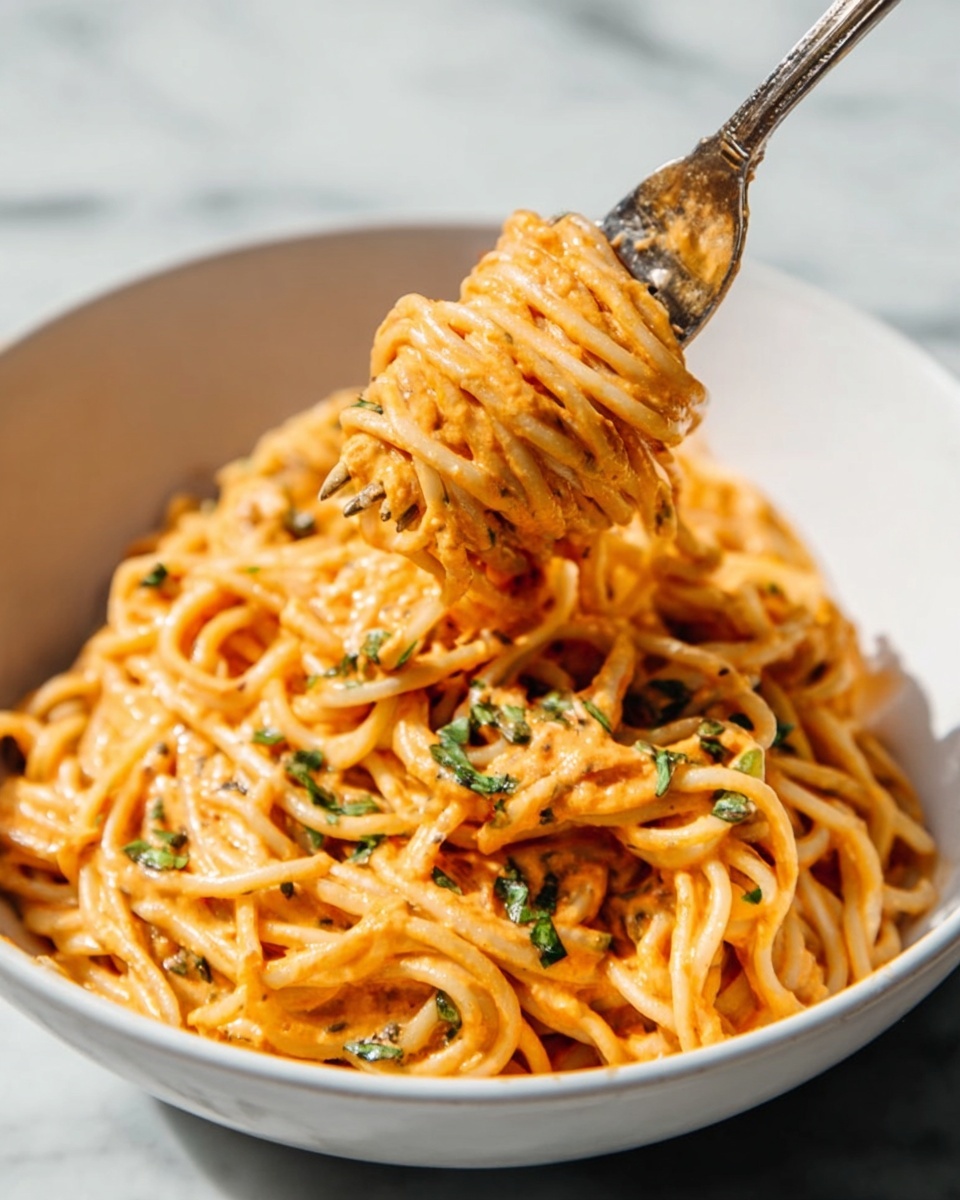 Large white bowl filled with a generous serving of creamy tomato pasta, perfectly mixed with tender spaghetti noodles coated in a rich, orange-hued sauce, garnished with fresh chopped parsley scattered evenly on top, set on a folded grey linen cloth with fresh basil leaves beside the bowl, vintage silver serving spoons placed decoratively beside the bowl, whole dish captured in a professional 3/4 angle shot on a white marble countertop with natural lighting, styled like a hero shot from a food magazine, photo taken with an iphone --ar 4:5 --v 7