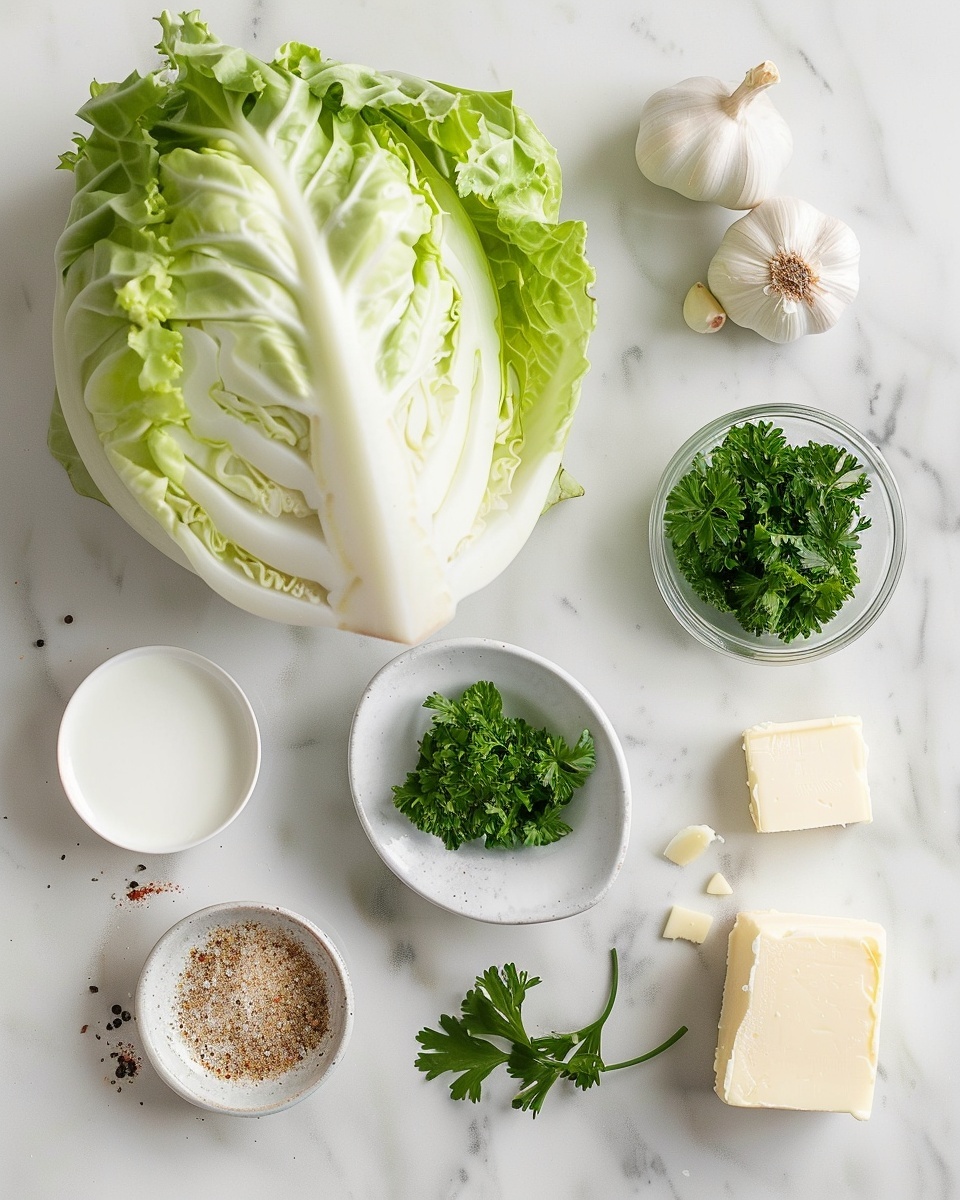 A single white shallow dish featuring one plated portion of roasted cabbage wedges, each piece showing beautiful caramelized edges and tender inner layers soaked in a creamy herb sauce with specks of cracked black pepper and fresh parsley garnish, the vibrant contrast between golden-brown char and pale green cabbage leaves highlighted by natural lighting, set on a white marble background, styled as a ready-to-eat serving, close-up angled shot emphasizing texture and layers, photo taken with an iphone --ar 4:5 --v 7