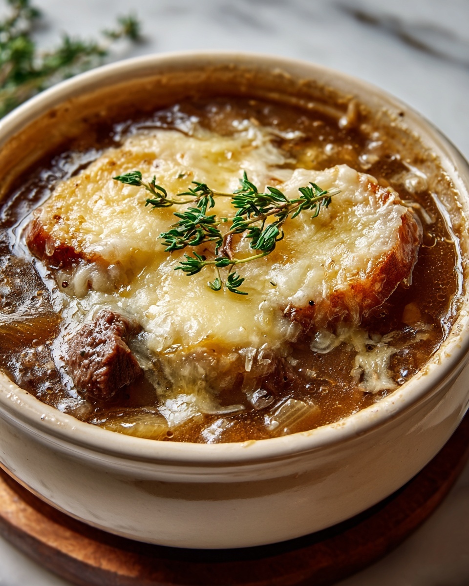 Easy French Onion Beef Short Rib Soup Recipe 6 Large white ceramic bowl filled with a rich, aromatic French onion soup, showcasing a generous layer of melted golden Gruyere cheese bubbling on top, beneath which tender caramelized onions and hearty chunks of savory beef are visible in a deep, flavorful broth, garnished with fresh thyme sprigs, entire bowl photographed at a 3/4 angle on a white marble countertop with natural lighting, professional food magazine hero shot photo taken with an iphone --ar 4:5 --v 7