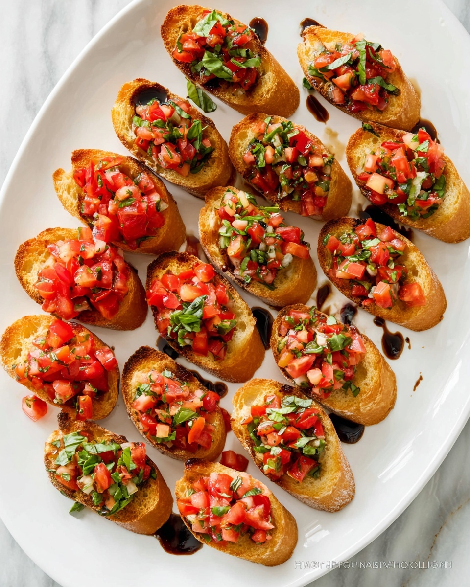 Large white oval platter filled with an array of classic Italian bruschettas featuring toasted baguette slices topped with vibrant diced tomatoes, fresh basil, and a light drizzle of balsamic glaze, arranged neatly to display the full selection, photographed at a 3/4 angle with natural lighting on a white marble background, professional food magazine hero shot photo taken with an iphone --ar 4:5 --v 7
