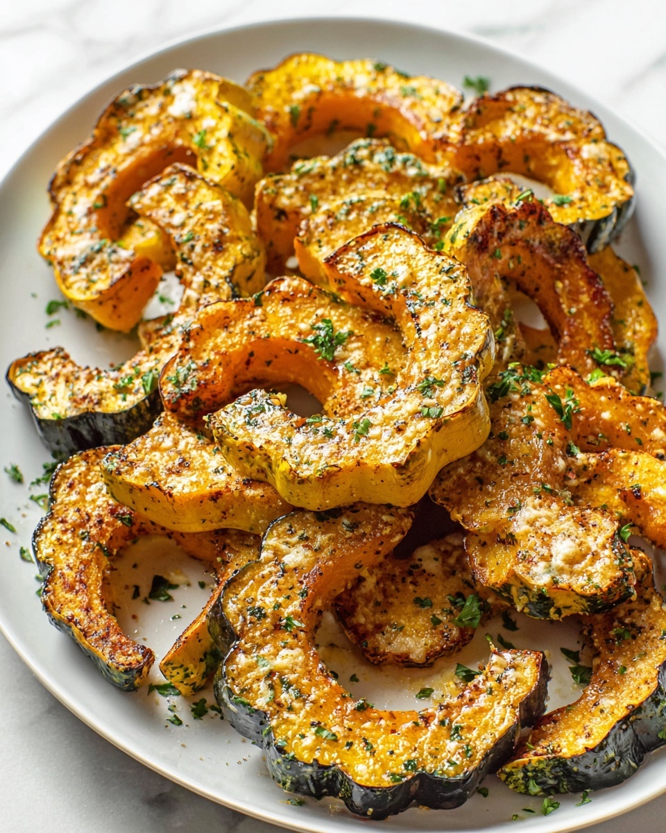 Large white serving platter filled with a whole batch of golden roasted acorn squash slices, each piece perfectly seasoned with herbs and sprinkled with melted Parmesan cheese, showcasing a crisp exterior and tender interior, garnished with fresh chopped parsley, photographed from a 3/4 angle on a white marble countertop, natural lighting, professional food styling photo taken with an iphone --ar 4:5 --v 7