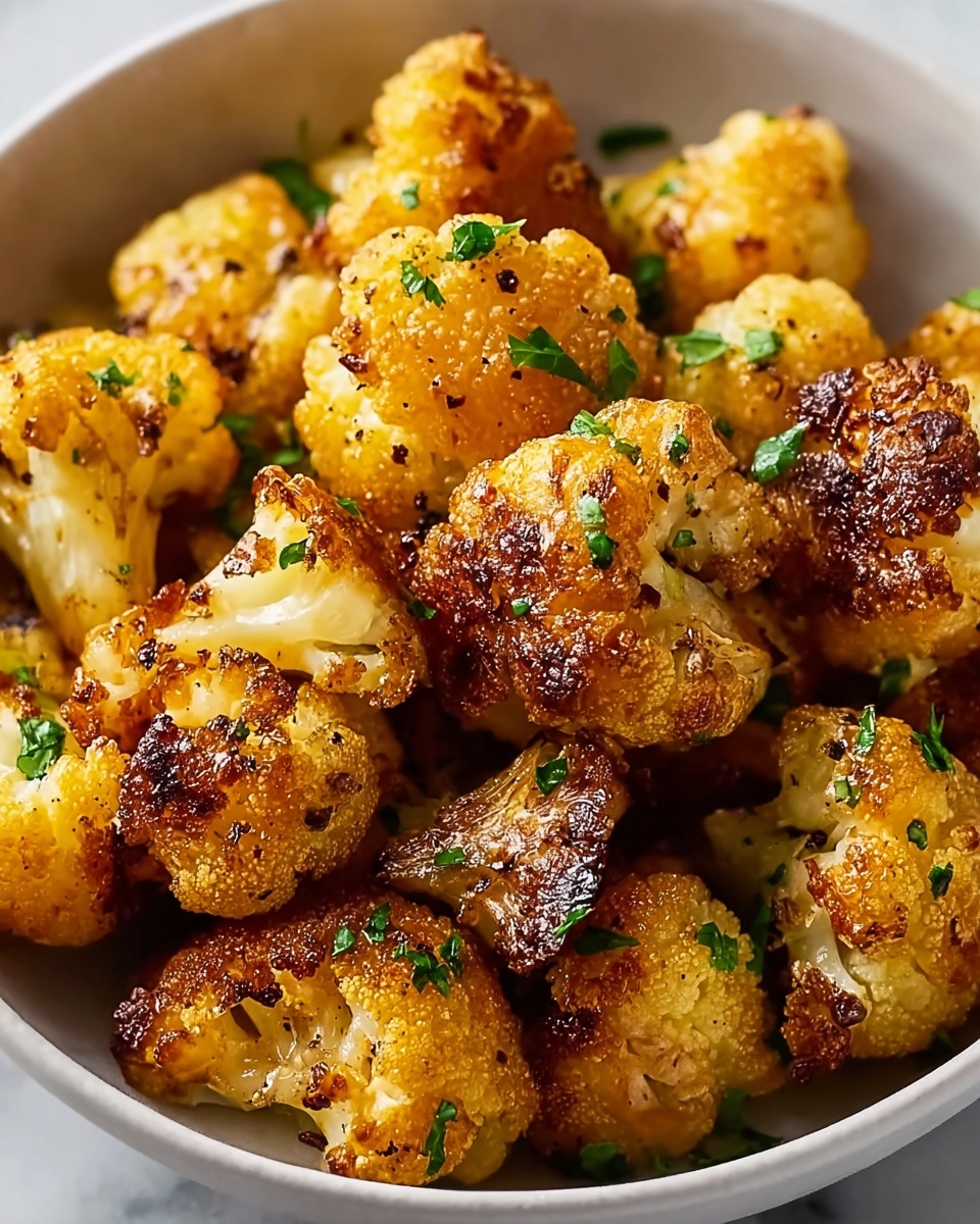 Large white serving bowl filled with crispy golden-brown cauliflower bites, seasoned with smoked paprika and sprinkled with fresh chopped parsley and sesame seeds, served alongside lemon wedges, the whole dish styled on a white marble countertop, captured in natural light with a professional 3/4 angle shot, photo taken with an iphone --ar 4:5 --v 7