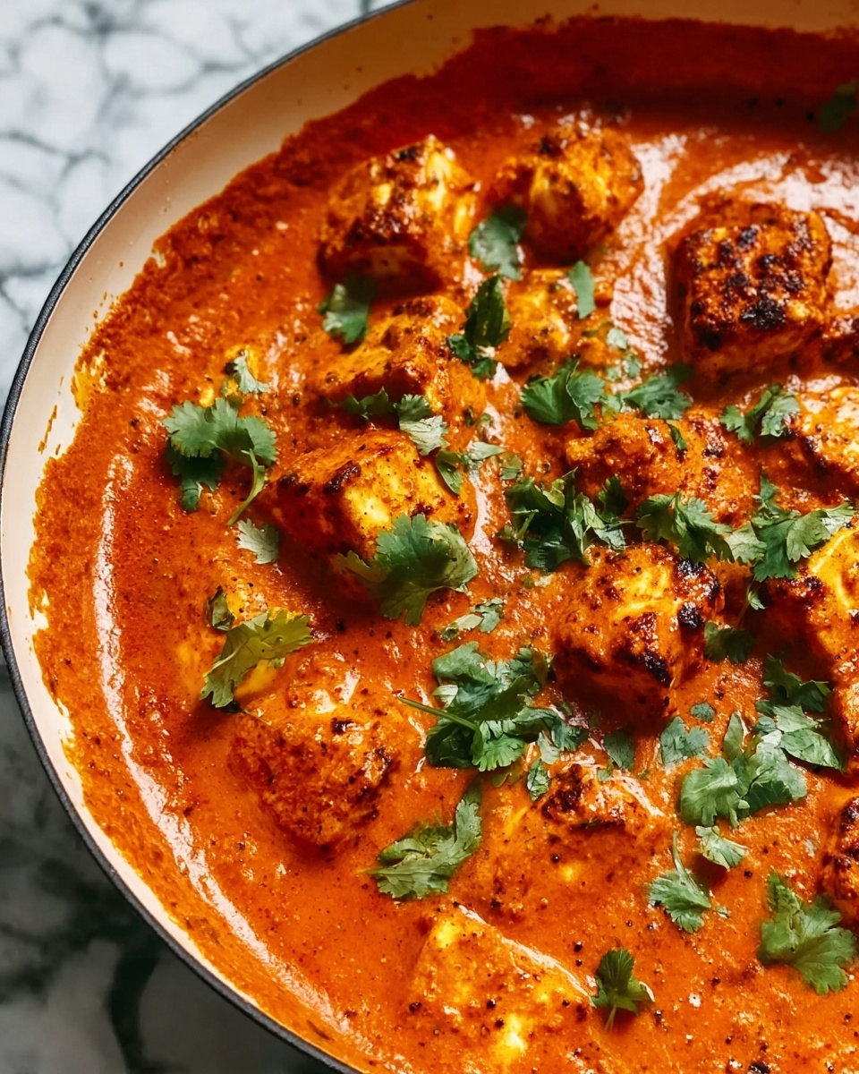 Large white skillet filled with rich, vibrant orange paneer tikka masala, featuring numerous golden-browned cubes of paneer submerged in a creamy, spiced tomato sauce, generously garnished with fresh, bright green cilantro leaves, whole dish shown from a close 3/4 angle with natural lighting on a white marble countertop, professional food styling photo taken with an iphone --ar 4:5 --v 7