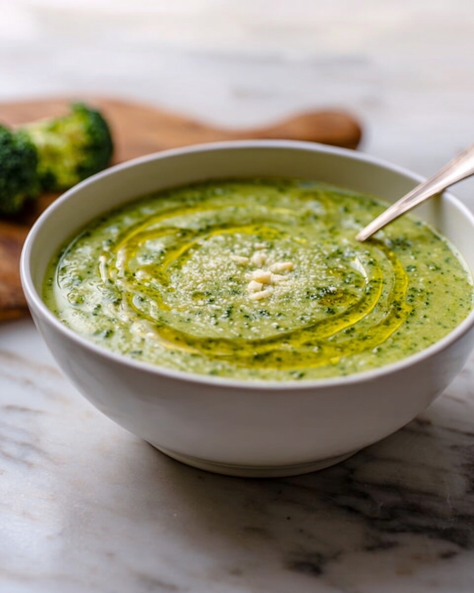 Easy Garlic Italian Broccoli Soup Recipe 6 Large white bowl filled with steaming creamy broccoli soup topped with a swirl of olive oil and sprinkled with grated parmesan cheese, surrounded by fresh broccoli florets and garlic cloves arranged on a white marble countertop, professional food styling with natural lighting, whole dish photographed from a 3/4 angle, photo taken with an iphone --ar 4:5 --v 7