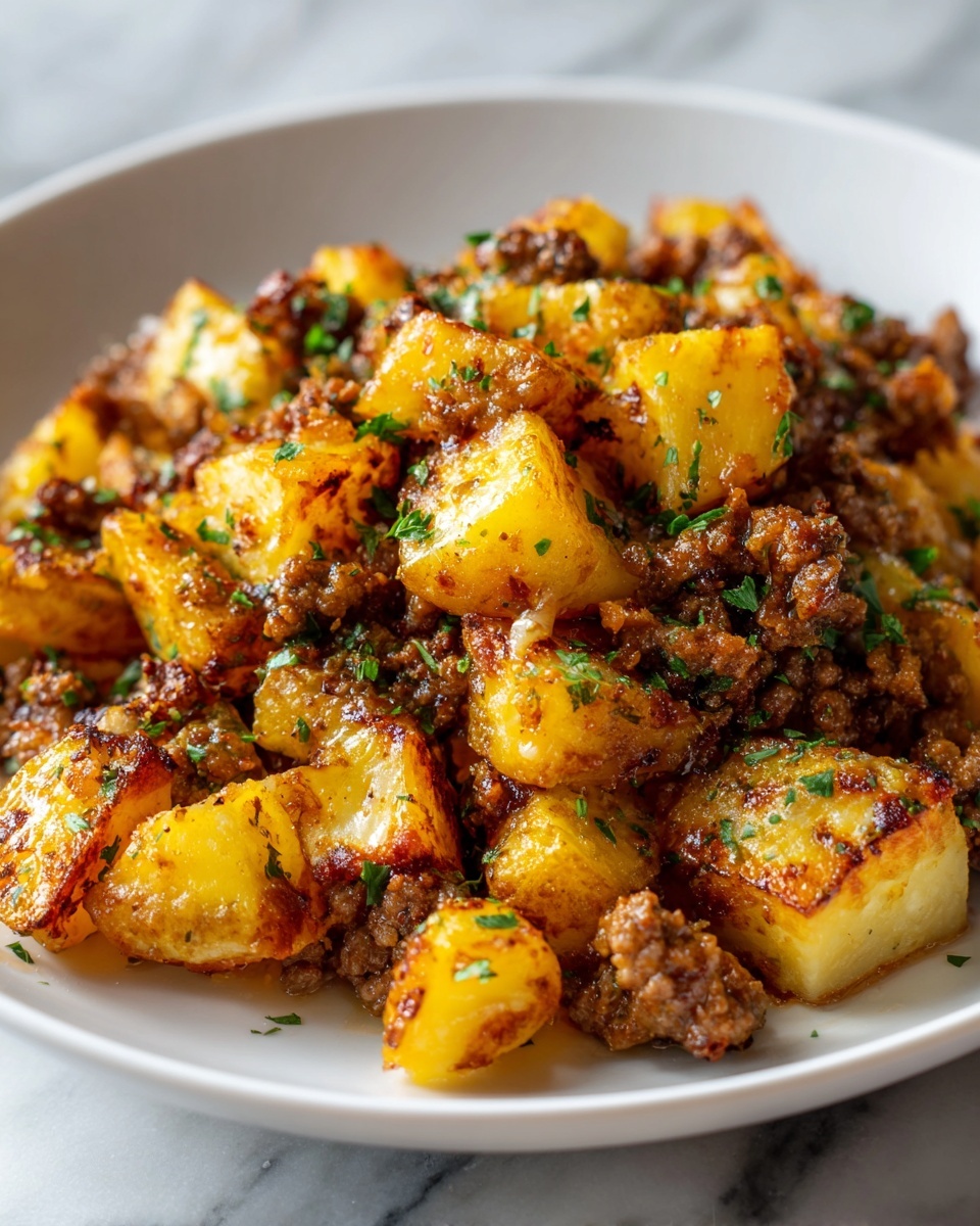 Large black cast iron skillet filled with a hearty seasoned ground beef and golden diced potatoes cooked together with sautéed onions and melted cheddar cheese, the whole savory dish presented in the skillet, photographed at a 3/4 angle on a white marble countertop with natural lighting, professional food styling photo taken with an iphone --ar 4:5 --v 7