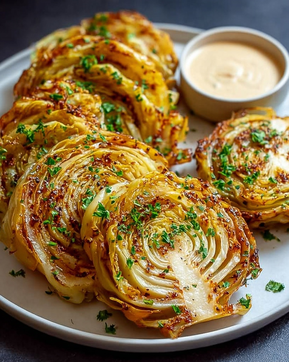 Oven Roasted Garlic Cabbage Steaks Recipe 6 A large white serving platter featuring a whole batch of golden brown roasted cabbage steaks arranged neatly in a circular pattern, seasoned with herbs and spices, each slice beautifully caramelized and sprinkled with fresh chopped parsley, accompanied by a small ramekin of creamy dipping sauce, all placed on a white marble countertop, natural lighting highlighting the textures and colors, professional food styling photo taken with an iphone --ar 4:5 --v 7