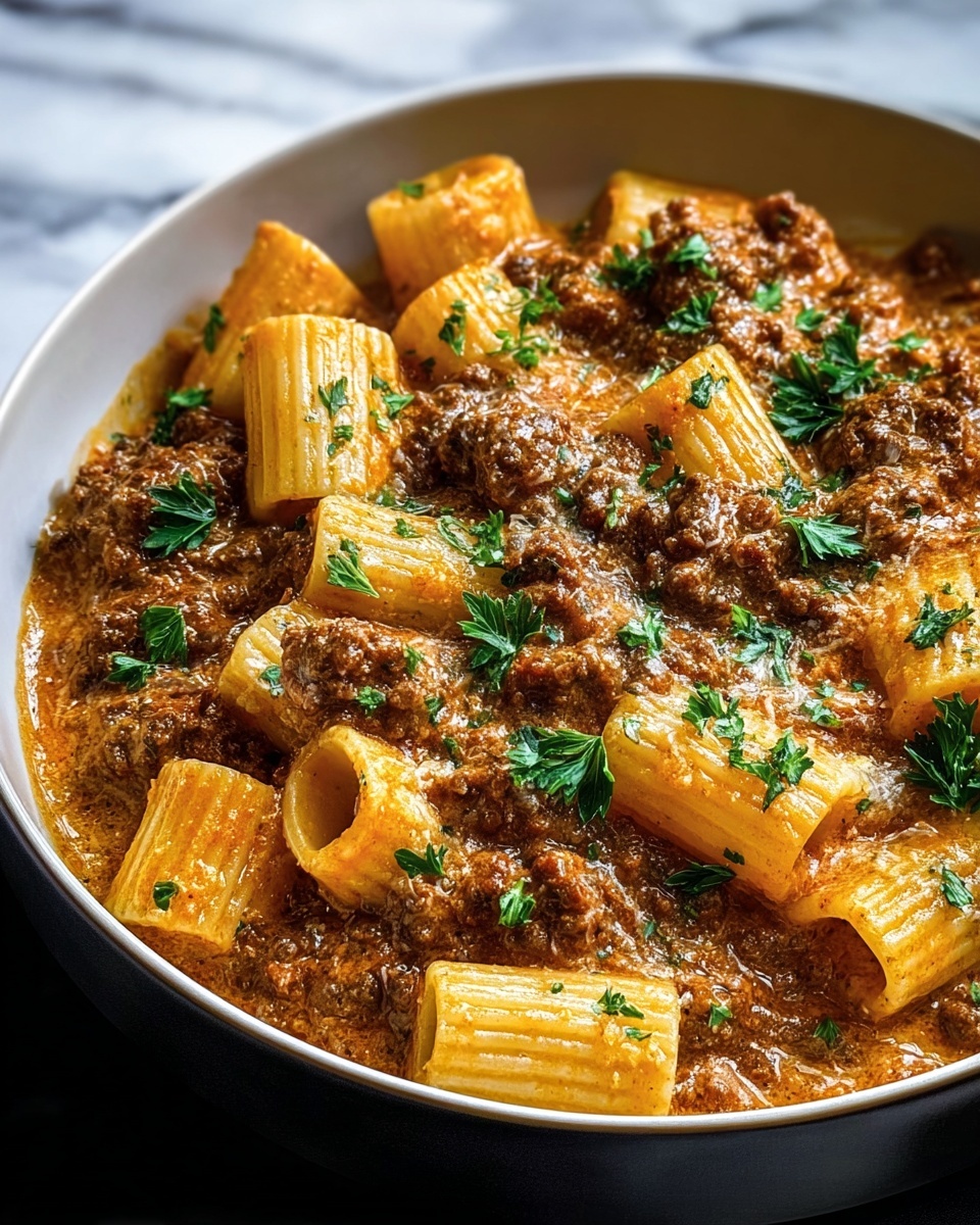 Large white ceramic bowl filled with creamy rigatoni pasta and richly seasoned ground beef, bathed in a luscious, velvety sauce, garnished with fresh chopped parsley, the dish presented whole and unserved, captured from a 3/4 angle on a white marble countertop, natural lighting emphasizing the textures and colors, styled like a hero shot from a food magazine, photo taken with an iphone --ar 4:5 --v 7