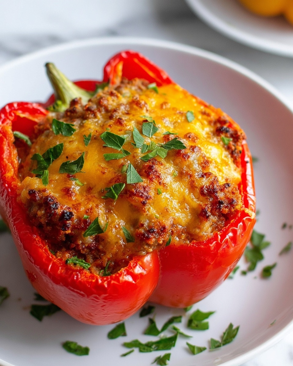 White rectangular baking dish filled with six stuffed bell peppers, three vibrant red and three green, each overflowing with a savory mixture of seasoned ground meat and melted golden cheddar cheese, sprinkled with finely chopped fresh parsley, glistening with light cooking juices, arranged neatly in the baking dish, shot at a 3/4 angle on a white marble surface with natural lighting, professional food magazine hero style photo taken with an iphone --ar 4:5 --v 7