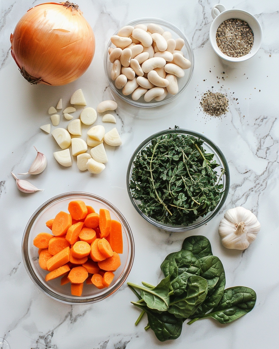 Single white bowl showing a close-up of one serving of creamy white bean soup filled with tender white beans, vibrant pieces of red and yellow bell peppers, finely chopped greens, and flecks of black pepper on top, the soup’s thick texture visible with small vegetable chunks throughout, placed on a white marble surface under natural lighting, styled as a comforting bowl ready to eat, photo taken with an iphone --ar 4:5 --v 7