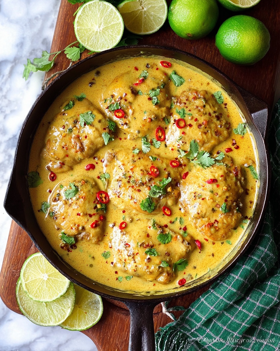 Creamy Coconut Lime Chicken Recipe 6 Full cast iron skillet filled with creamy chicken thighs simmered in a rich yellow curry sauce, garnished with fresh cilantro leaves and red chili flakes, surrounded by halved fresh limes on a wooden board and green checkered cloth, photographed from a 3/4 angle on a white marble background with natural light, styled like a hero food magazine shot, photo taken with an iphone --ar 4:5 --v 7
