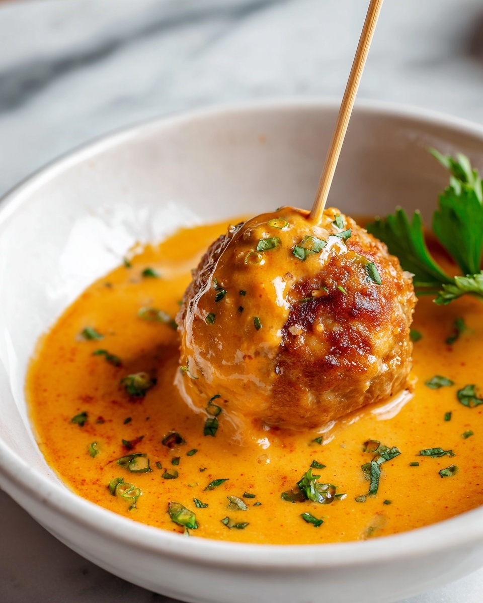 Large white serving plate heaped with an abundant portion of golden-brown glazed meatballs sprinkled with fresh green herbs, accompanied by a full white ramekin filled with creamy orange dipping sauce, all presented on a white marble countertop under natural lighting, photographed from a professional 3/4 angle like a food magazine hero shot, photo taken with an iphone --ar 4:5 --v 7