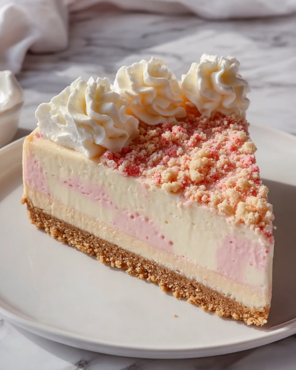 Round metal baking pan filled with an unbaked strawberry crumble dessert topped generously with coarse, golden crumbly streusel mixed with visible bright red strawberry pieces, set on a wooden cutting board with natural light highlighting the texture, whole dish photographed from a 3/4 angle on a white marble background, professional food styling photo taken with an iphone --ar 4:5 --v 7