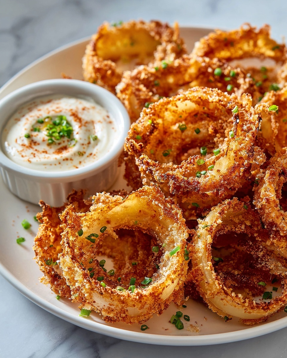Viral High-Protein Keto Onion Rings Hack (No Breadcrumbs, No Frying!) Recipe 6 A large white serving platter filled with a full batch of golden-brown crispy baked onion rings, each coated evenly with a crunchy parmesan and spice crust, arranged closely together to showcase their delicate layers and caramelized edges, accompanied by a small white ramekin of creamy dipping sauce garnished with a sprinkle of smoked paprika and finely chopped green onion, all photographed from a professional 3/4 angle on a smooth white marble countertop with natural lighting, styled like a hero shot from a food magazine, photo taken with an iphone --ar 4:5 --v 7